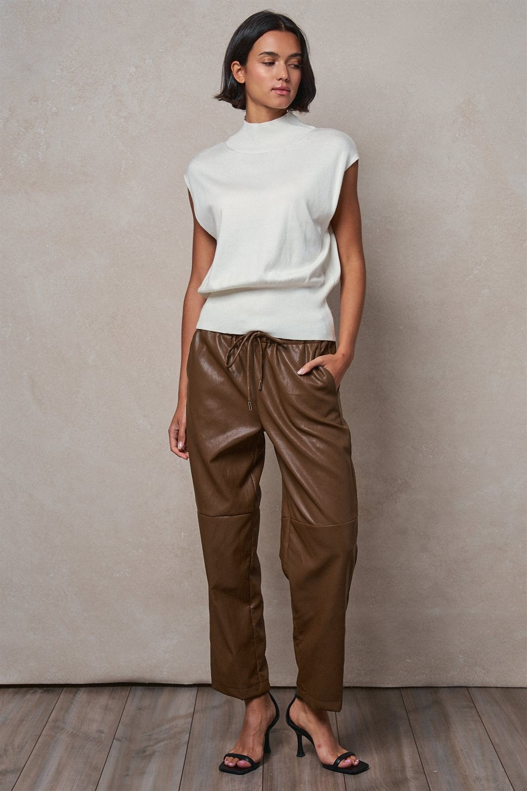 Faux Leather Drawstring Jogger Pants in BROWN - Women's Casual Pants | Urban Daizy