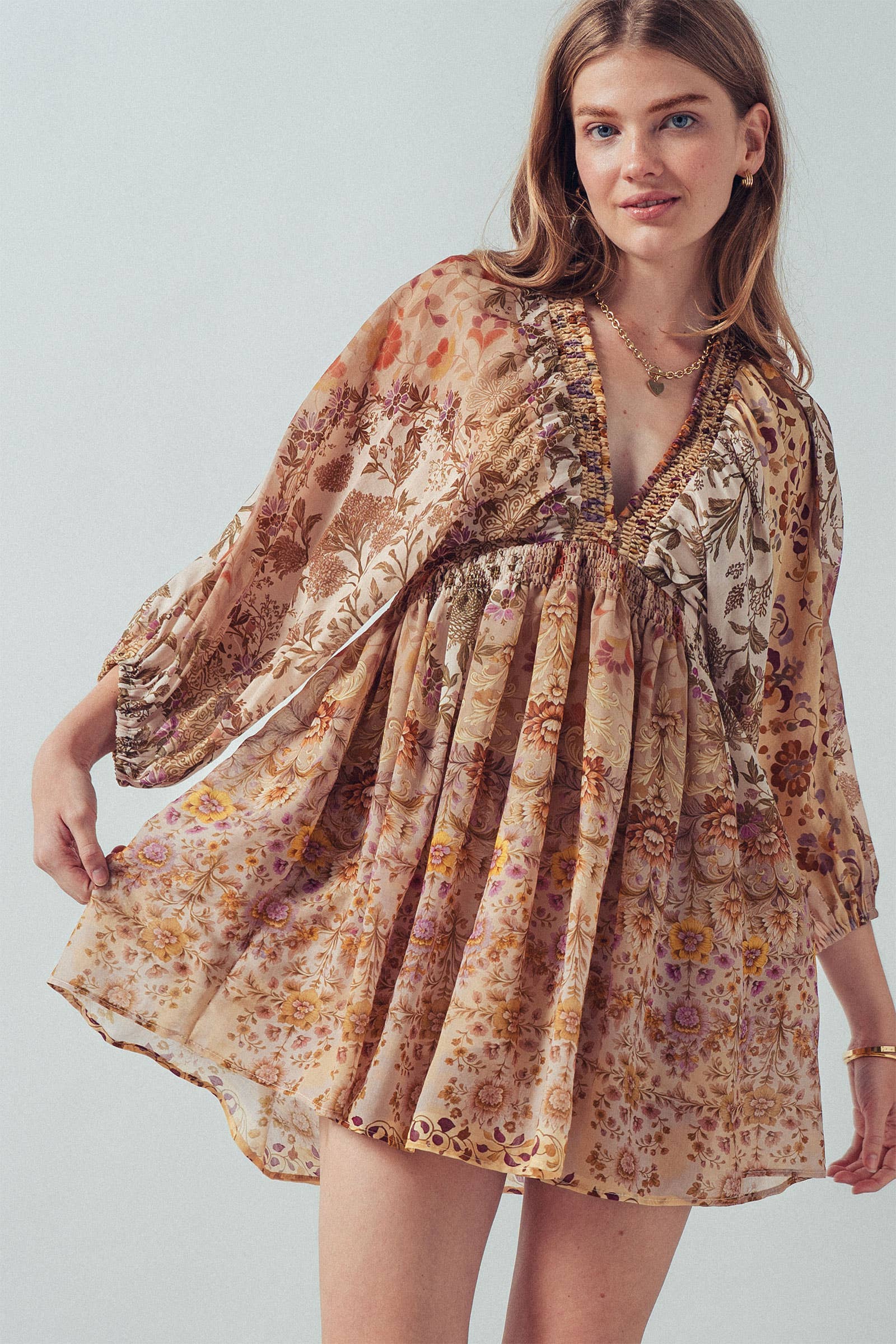 Urban Daizy Mixed-Print Boho Smocked Waist Mini Dress Taupe-Multi Dress - Women's (UDZ-DR-00478) – alternate view 6