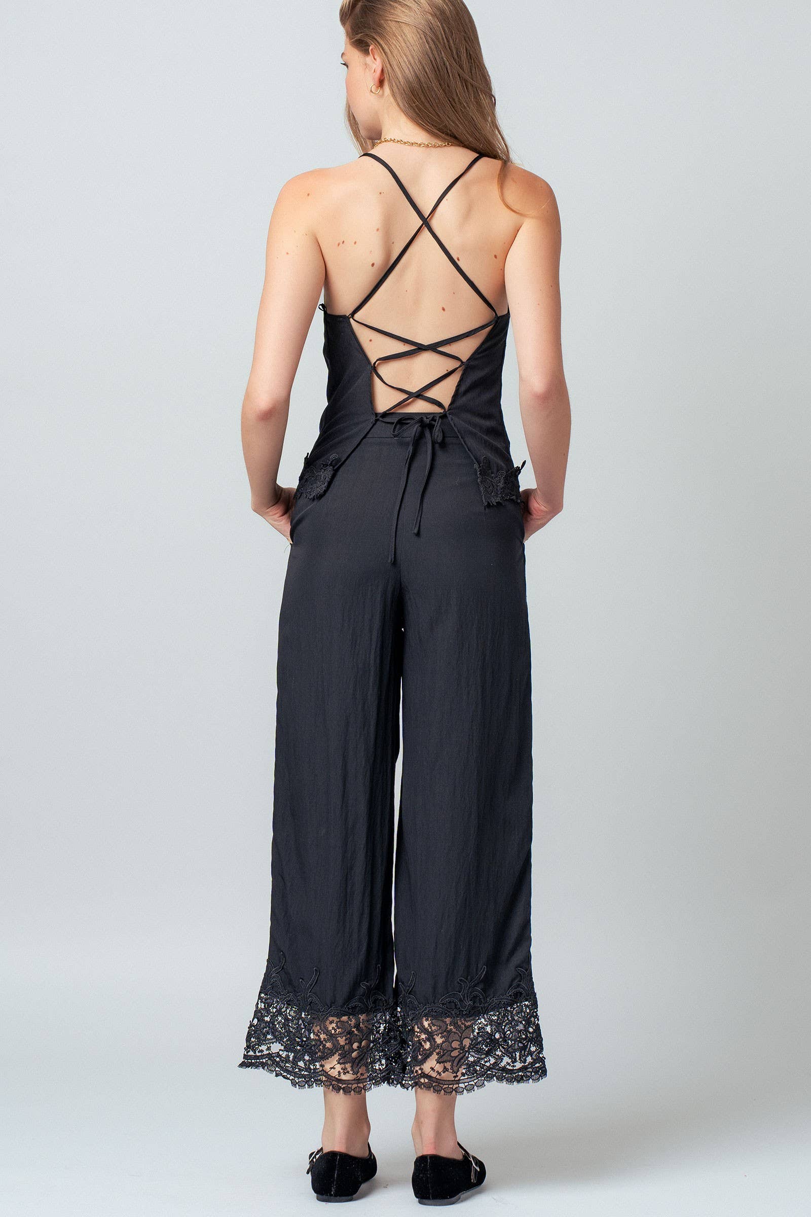 Crinkle Rayon Lace Trim Jumpsuit