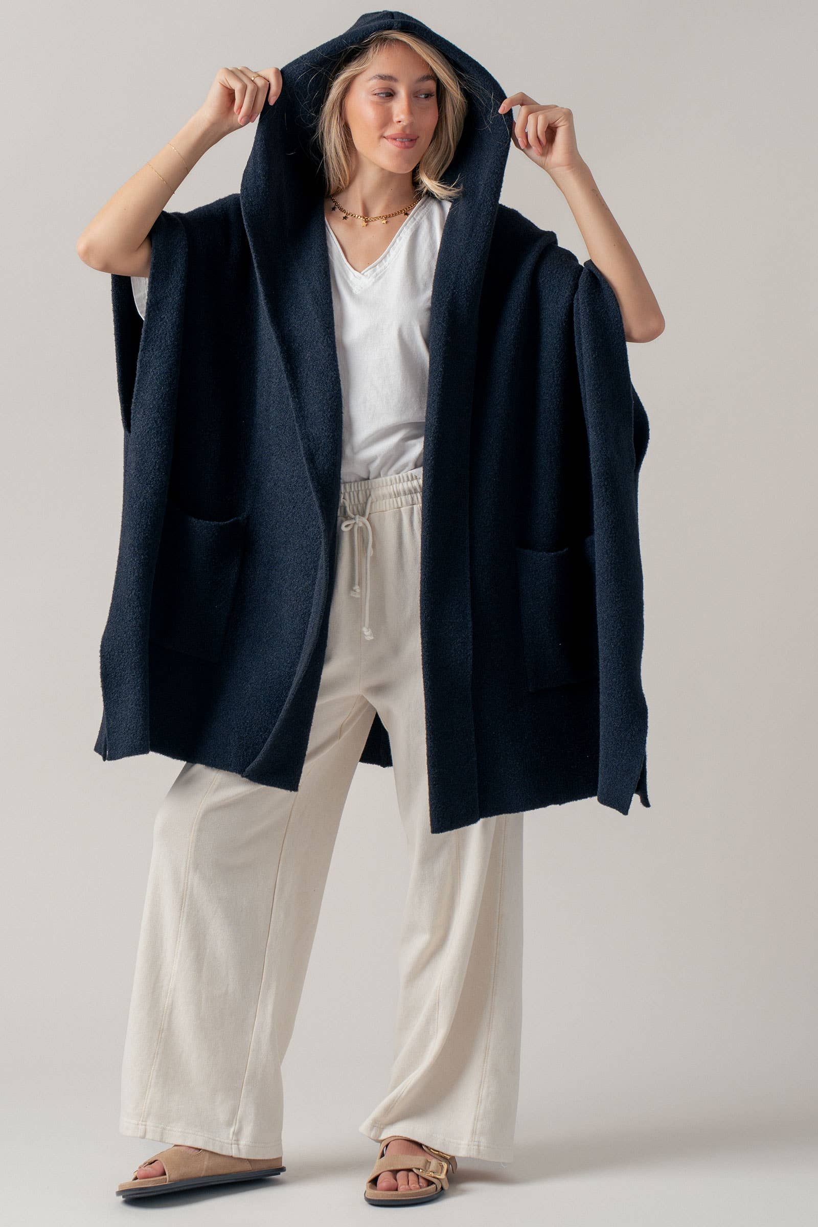 Oversized Cozy Hooded Open Front Knit Poncho