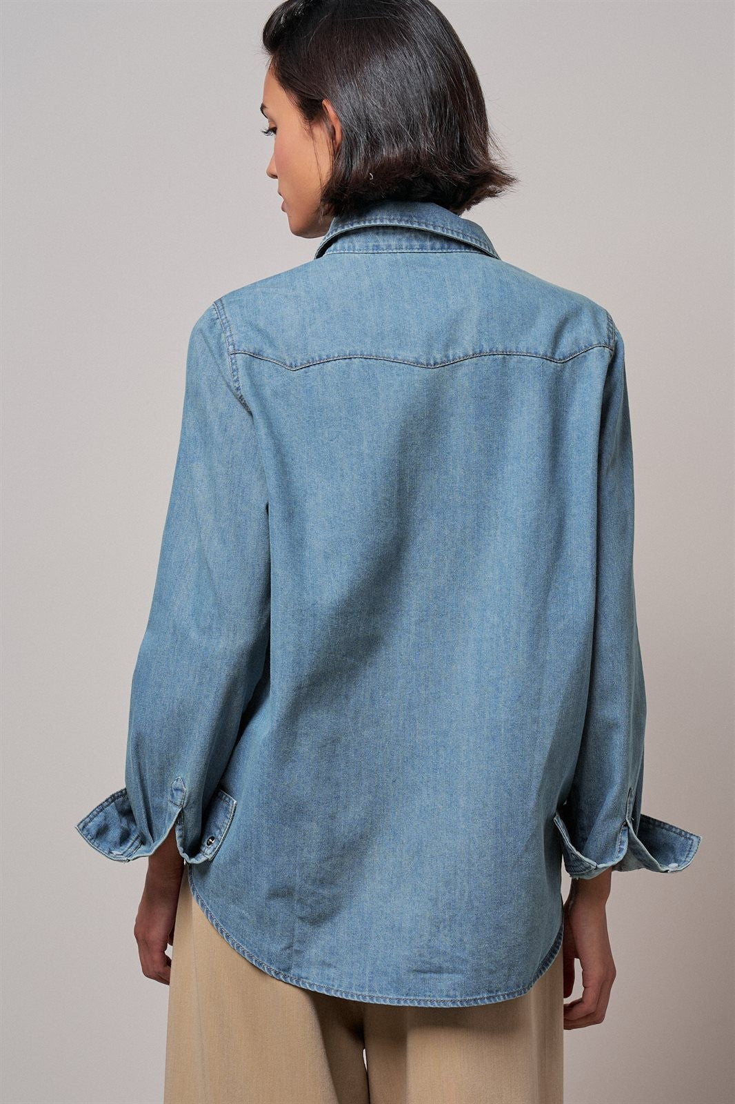 Western Pearl Snap Denim Button-Down Shirt in DENIM BLUE - Women's Shirts & Blouses | Urban Daizy