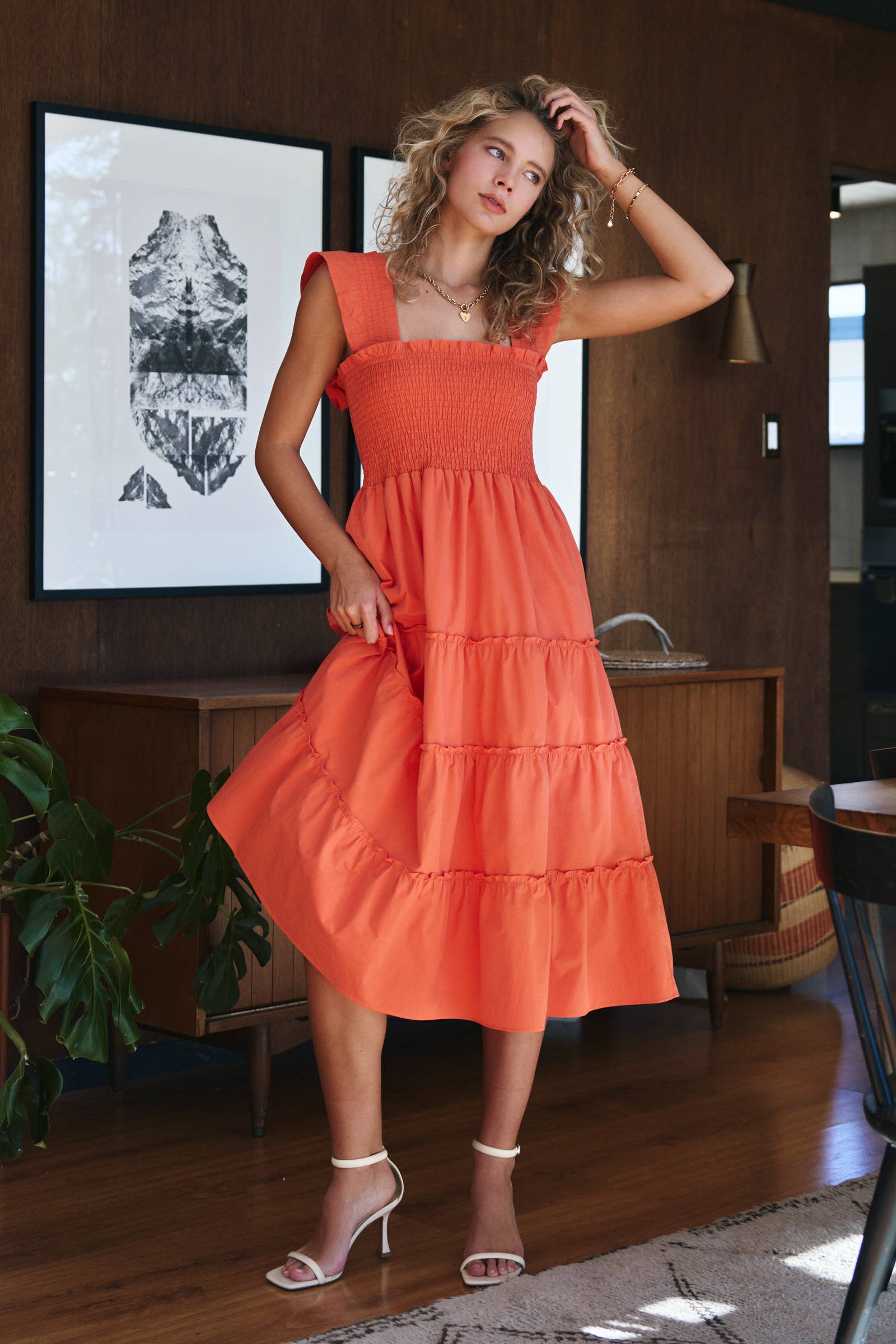 Cotton Smocked Tiered Midi Dress