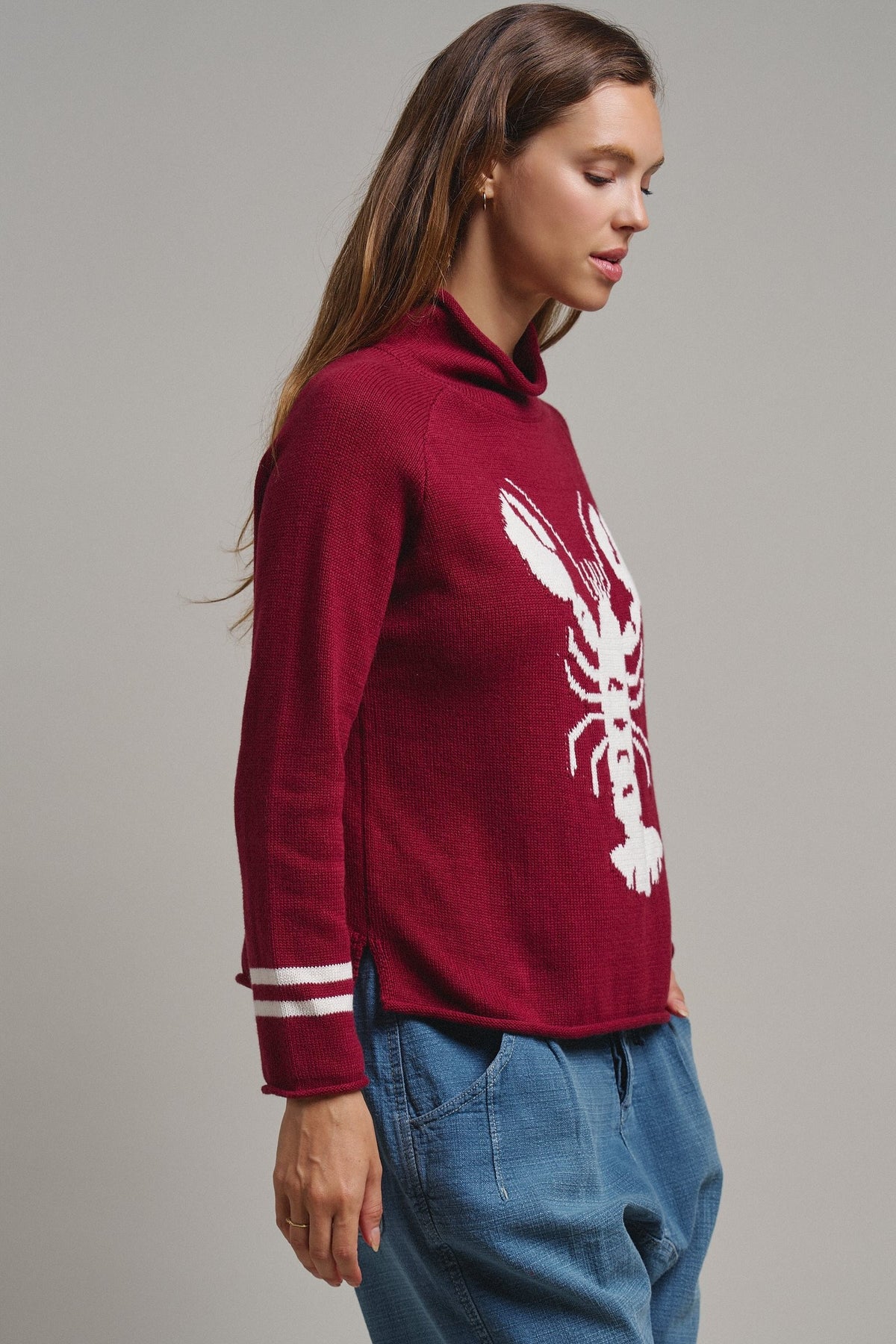 Lobster Intarsia Mock Neck Knit Sweater in BURGUNDY - Women's Sweaters | Urban Daizy