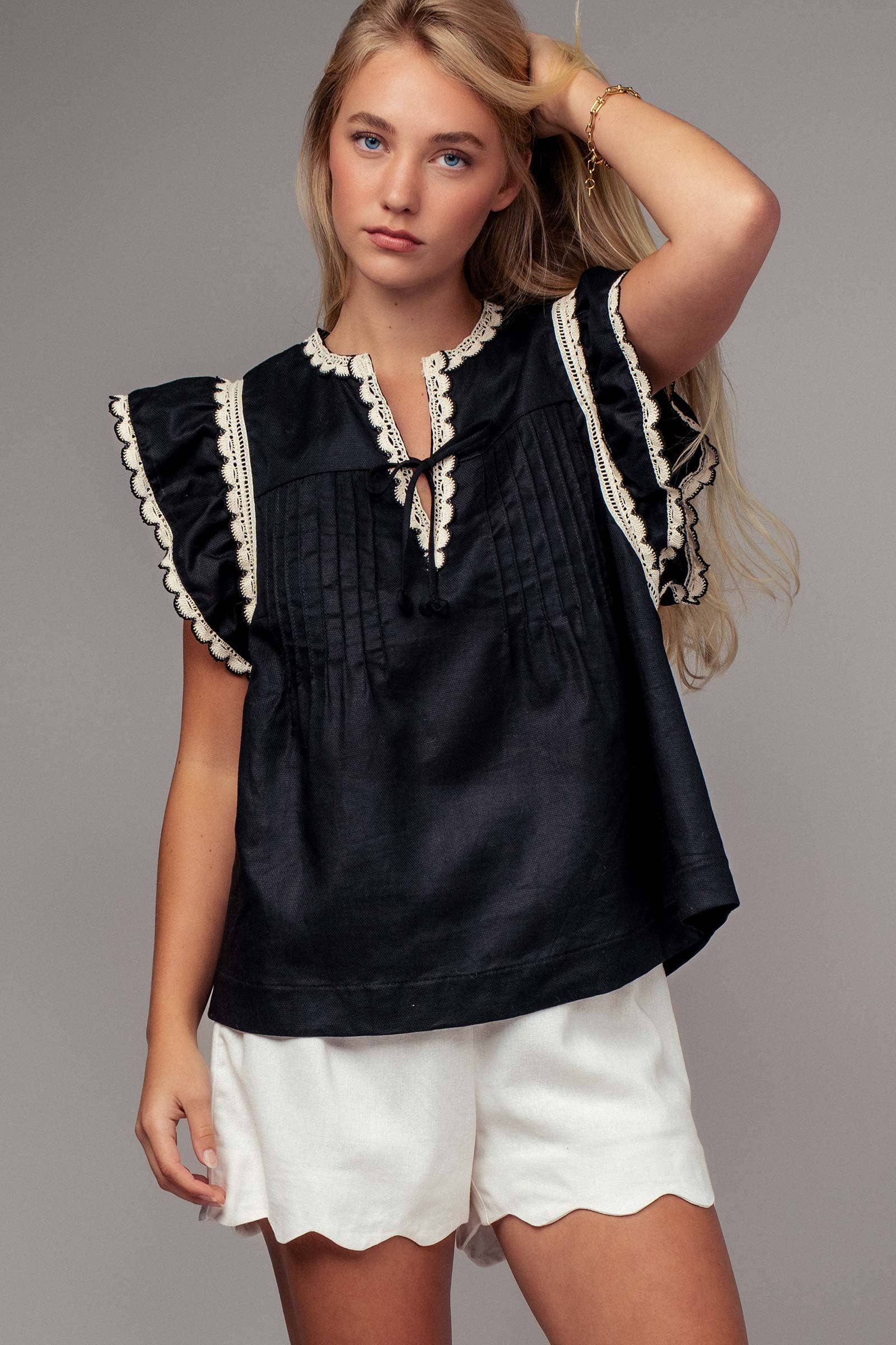 Urban Daizy Lace Trim Pintuck Flutter Sleeve Blouse Black Blouse - Women's (UDZ-TP-00810)