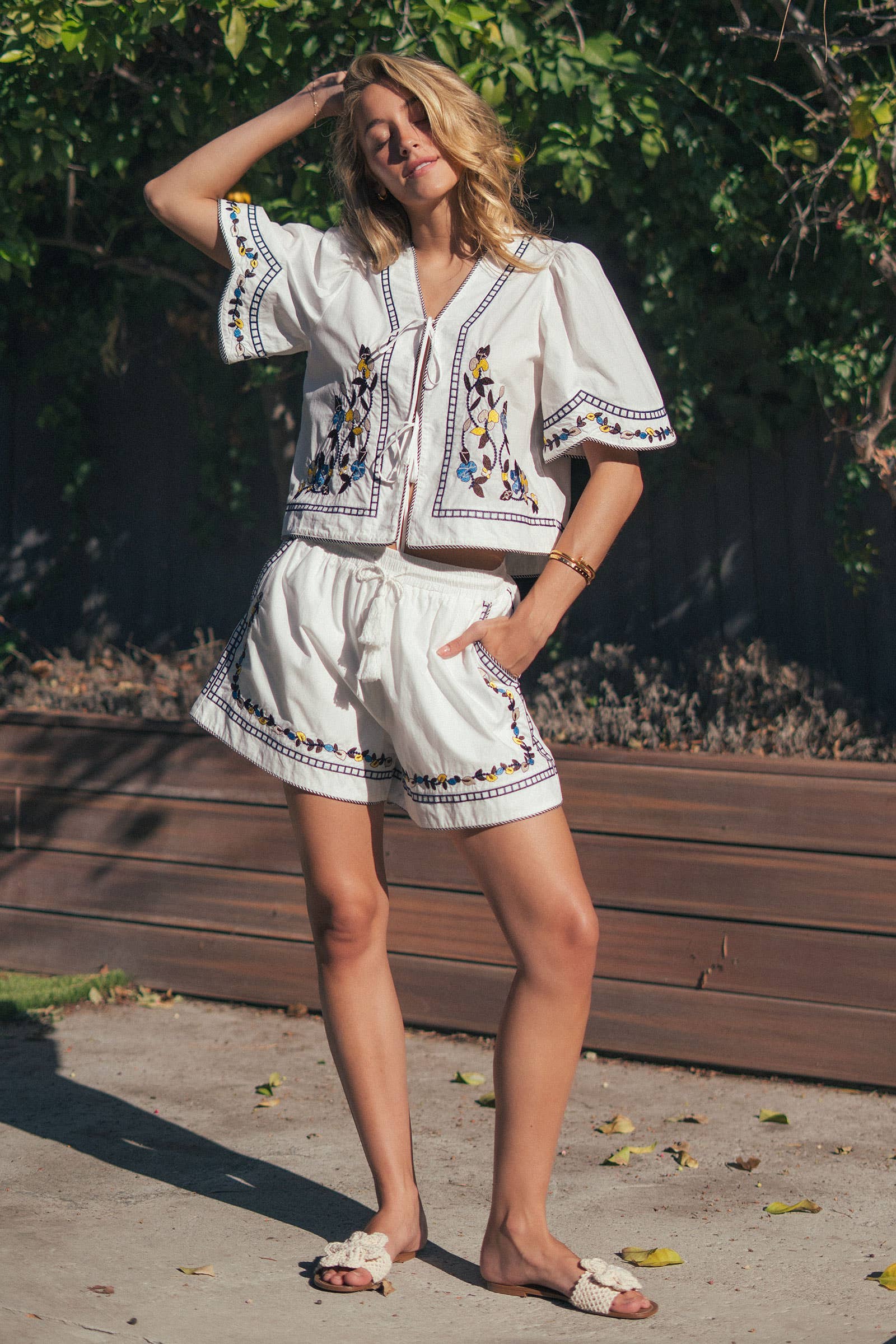 Floral Embroidered Drawstring Cotton Shorts