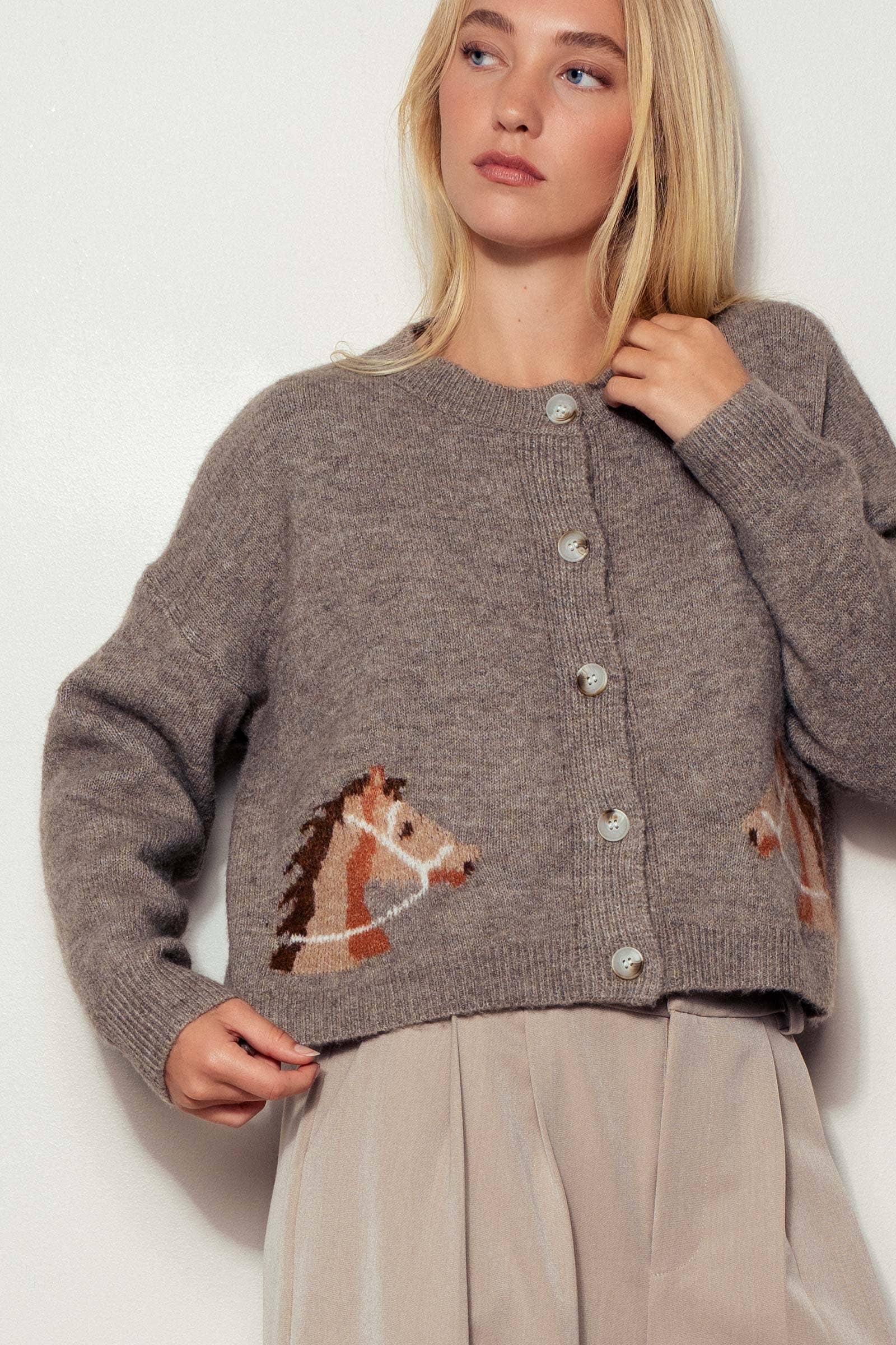 Western Horse Graphic Button Front Cropped Cardigan Sweater
