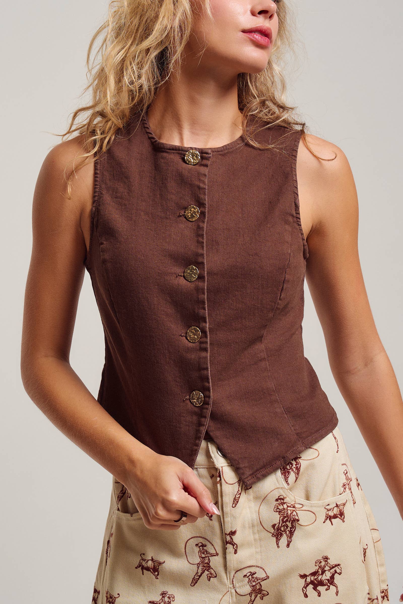 Fitted Gold Button Front Denim Vest