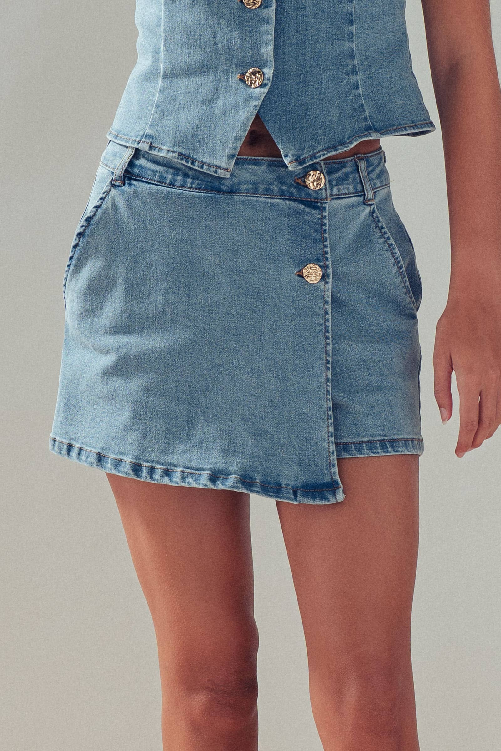 Gold Button Front Denim Skort