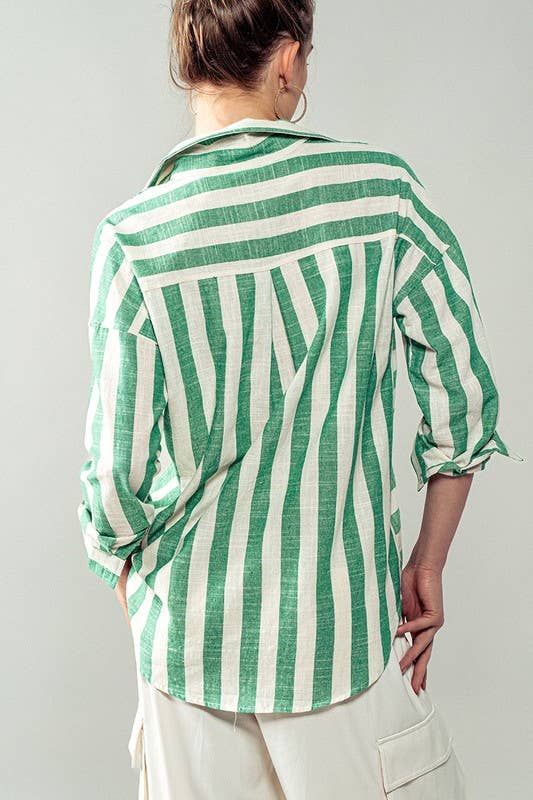 Urban Daizy Mixed Stripe Pattern Oversized Button Down Shirt Taupe Button Down Shirt - Women's (UDZ-TP-00049) – alternate…