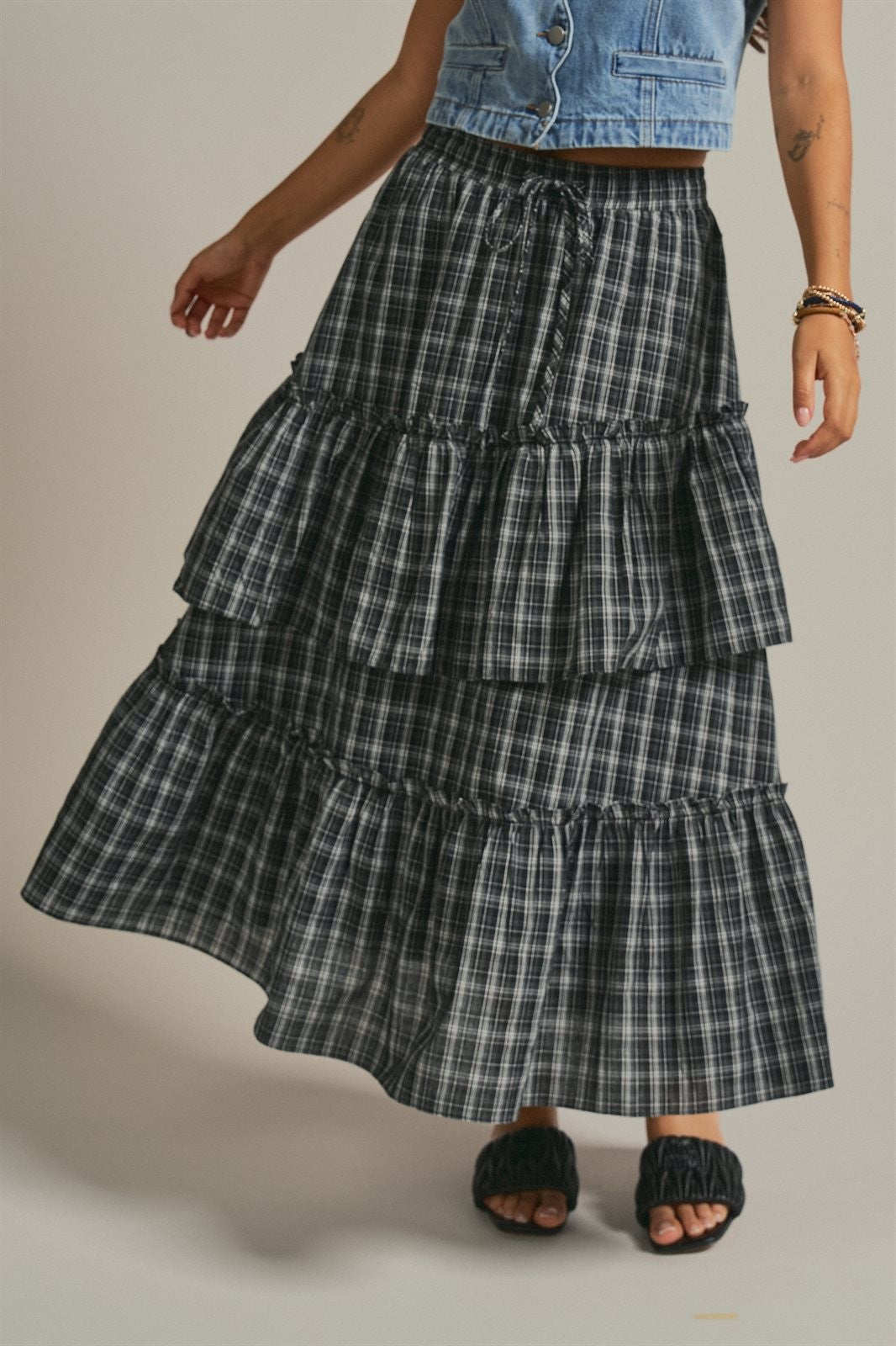 Plaid Tiered Ruffle Maxi Skirt Western Cowgirl Boho Long Ski in BLACK - Women's Midi Skirts | Urban Daizy
