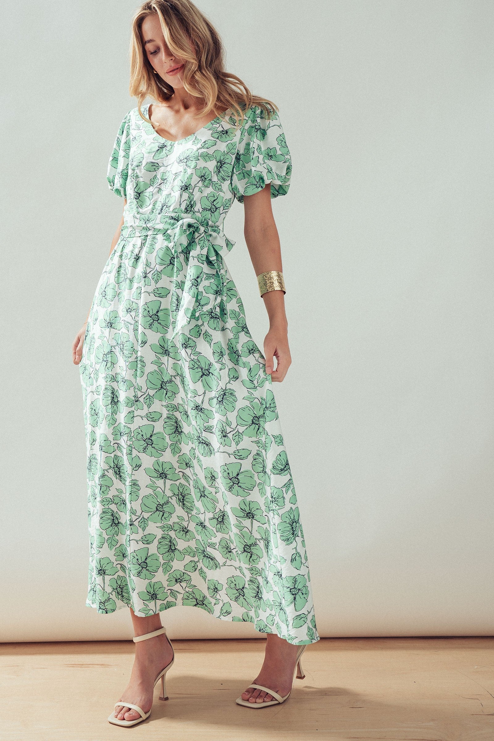 Green Floral Puff Sleeve Midi Dress