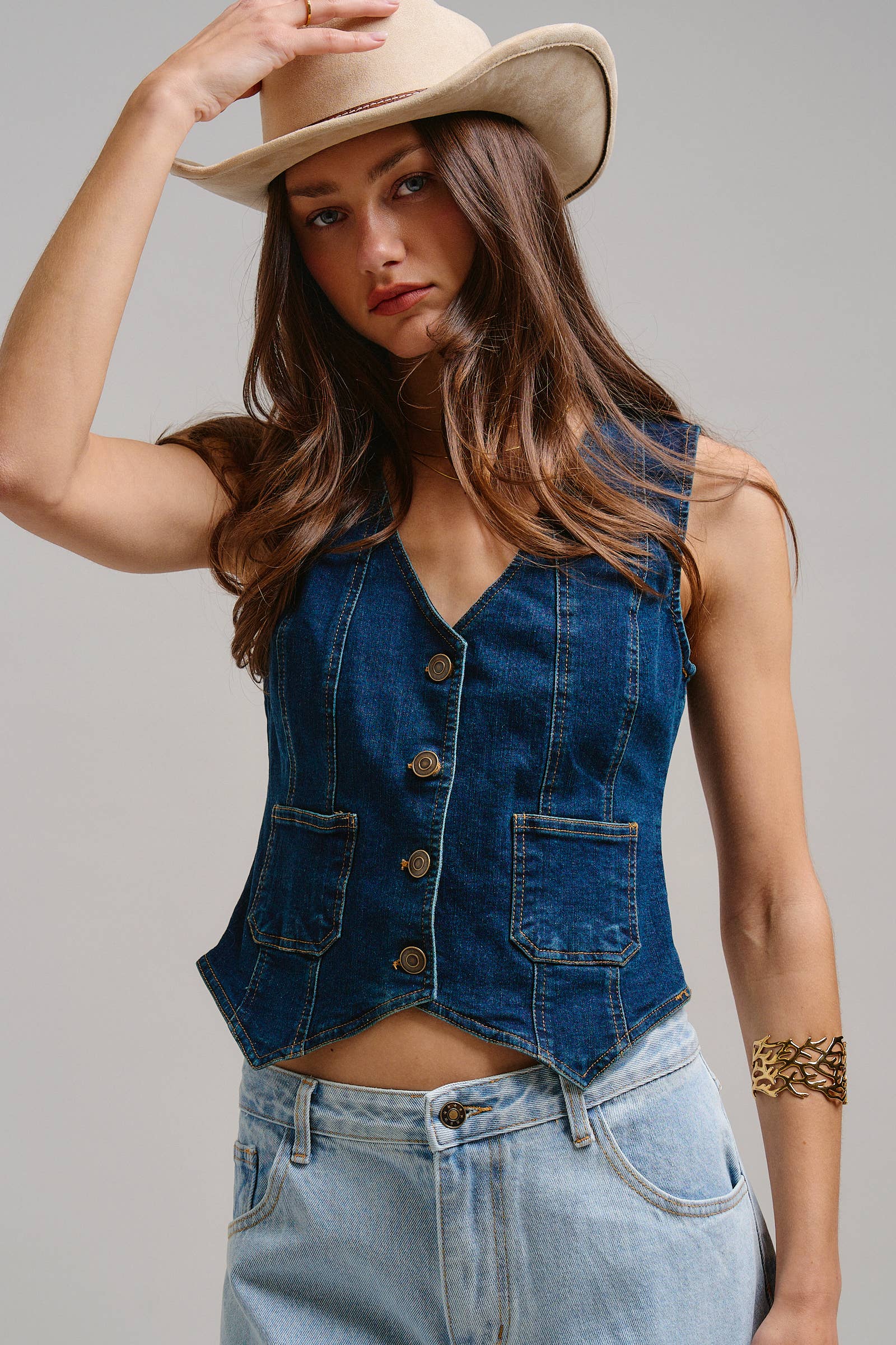 Fitted V-Neck Button-Front Denim Vest