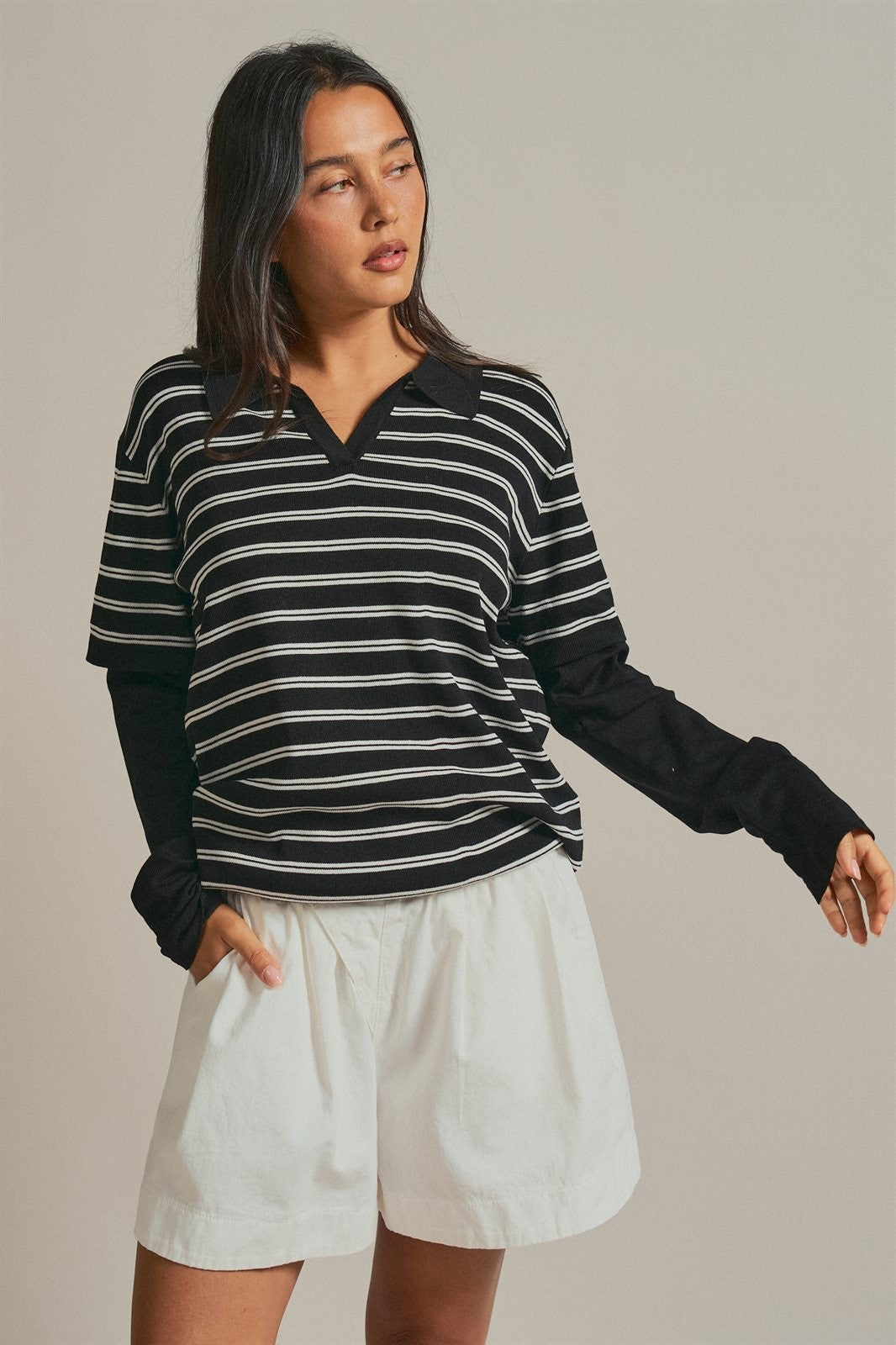 Striped Collared Layered Polo Top in BLACK - Women's Sweaters | Urban Daizy