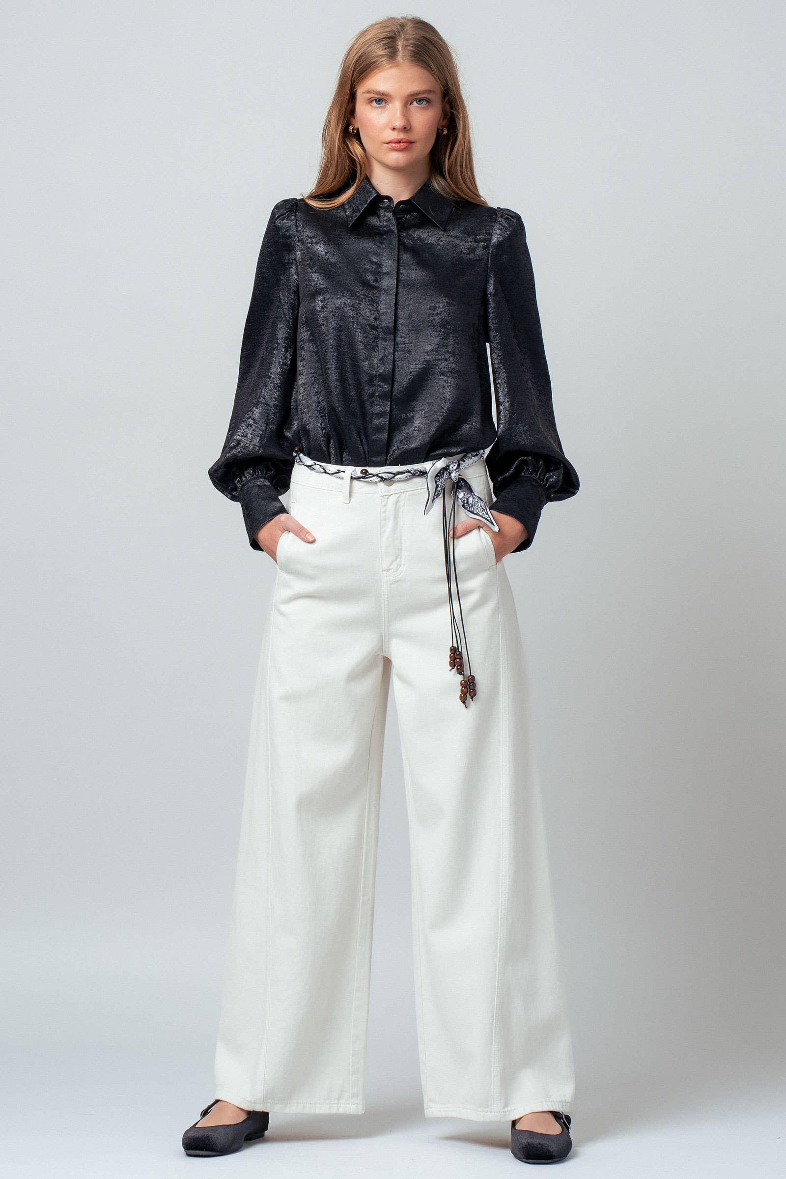 Metallic Billowy Sleeve Button Down Blouse