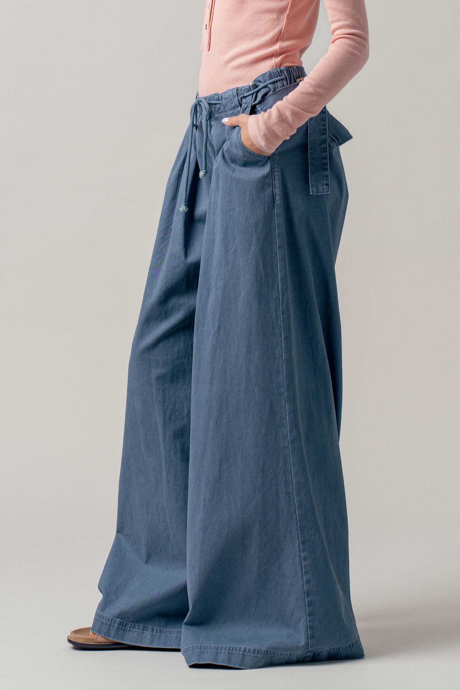 Wide-Leg Drawstring Denim Pants