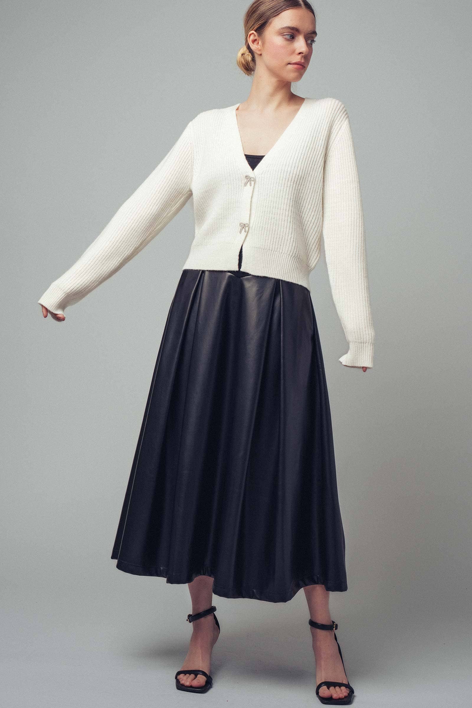 Faux Leather Contrast A-Line Midi Dress