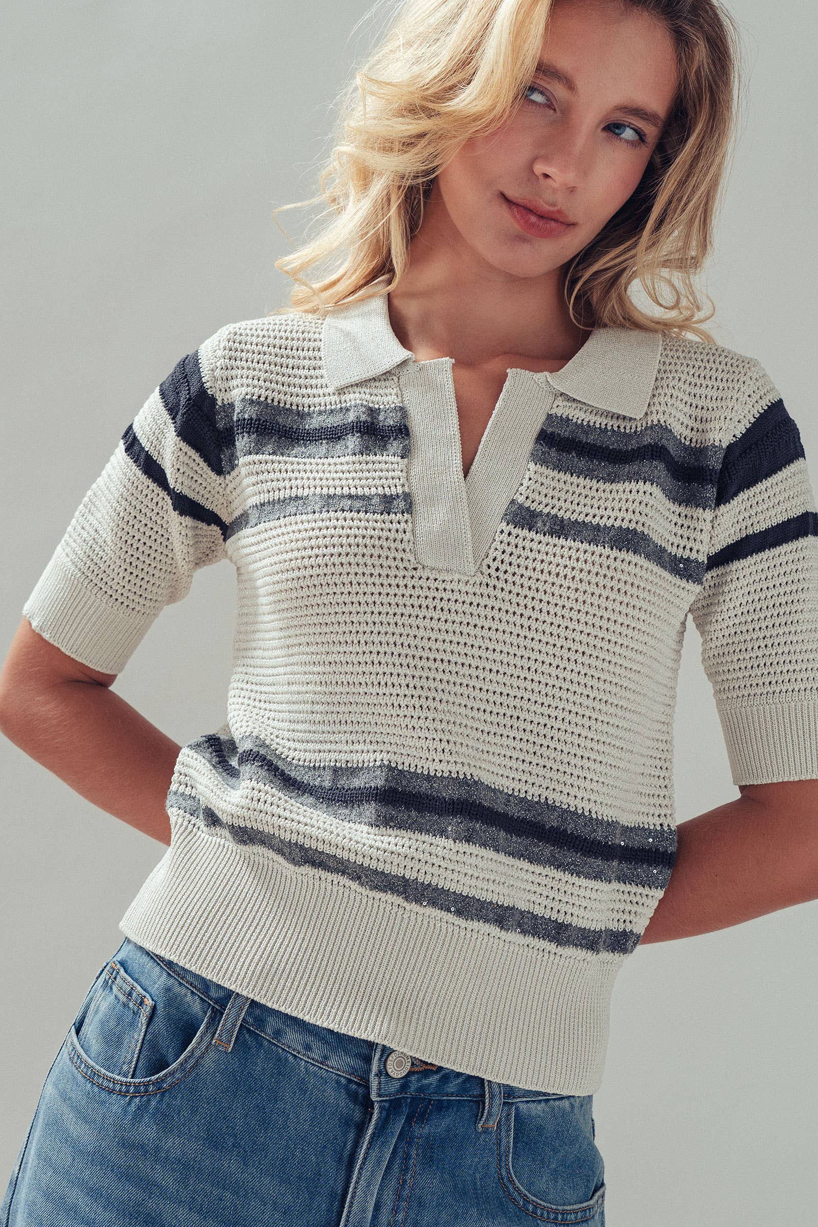 Striped V-Neck Short Sleeve Knit Polo