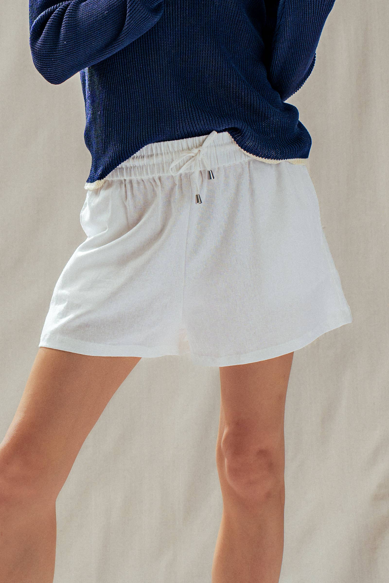 Linen Blend Elastic Waist Drawstring Shorts