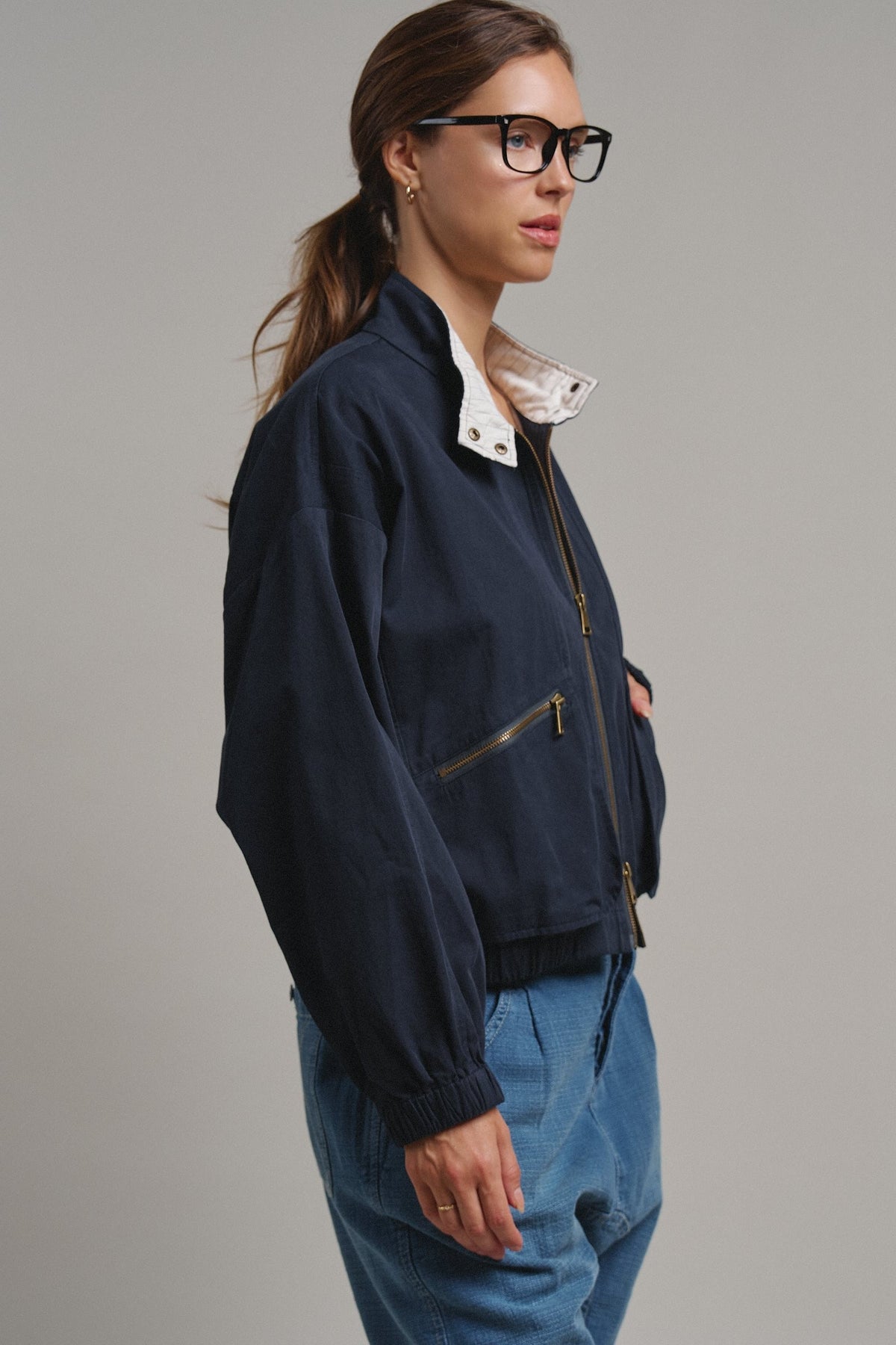 Cropped Zip Bomber Jacket in NAVY - Women's Jackets & Blazers | Urban Daizy