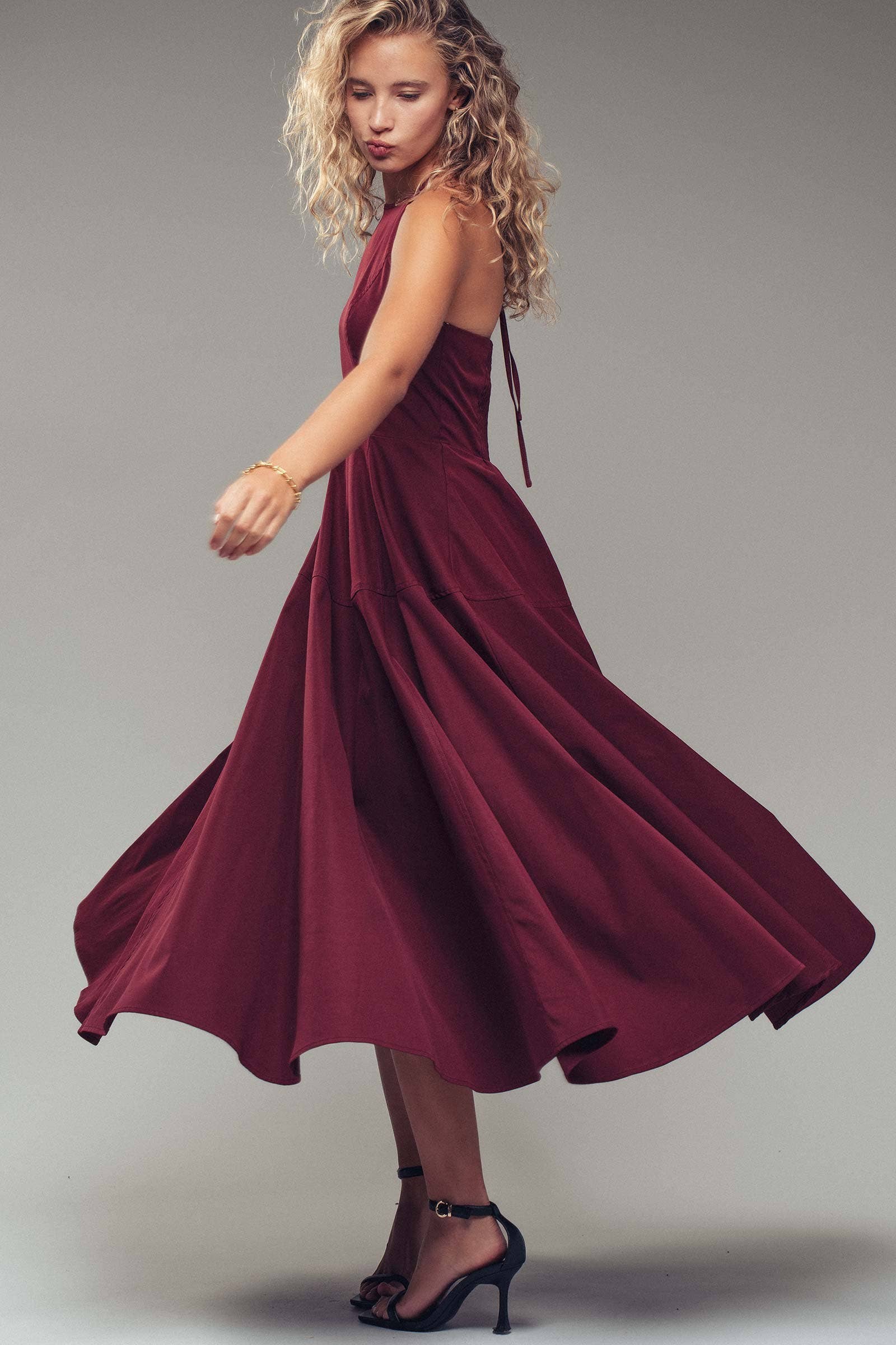 Halter Neck Smocked Back Full Skirt Midi Dress