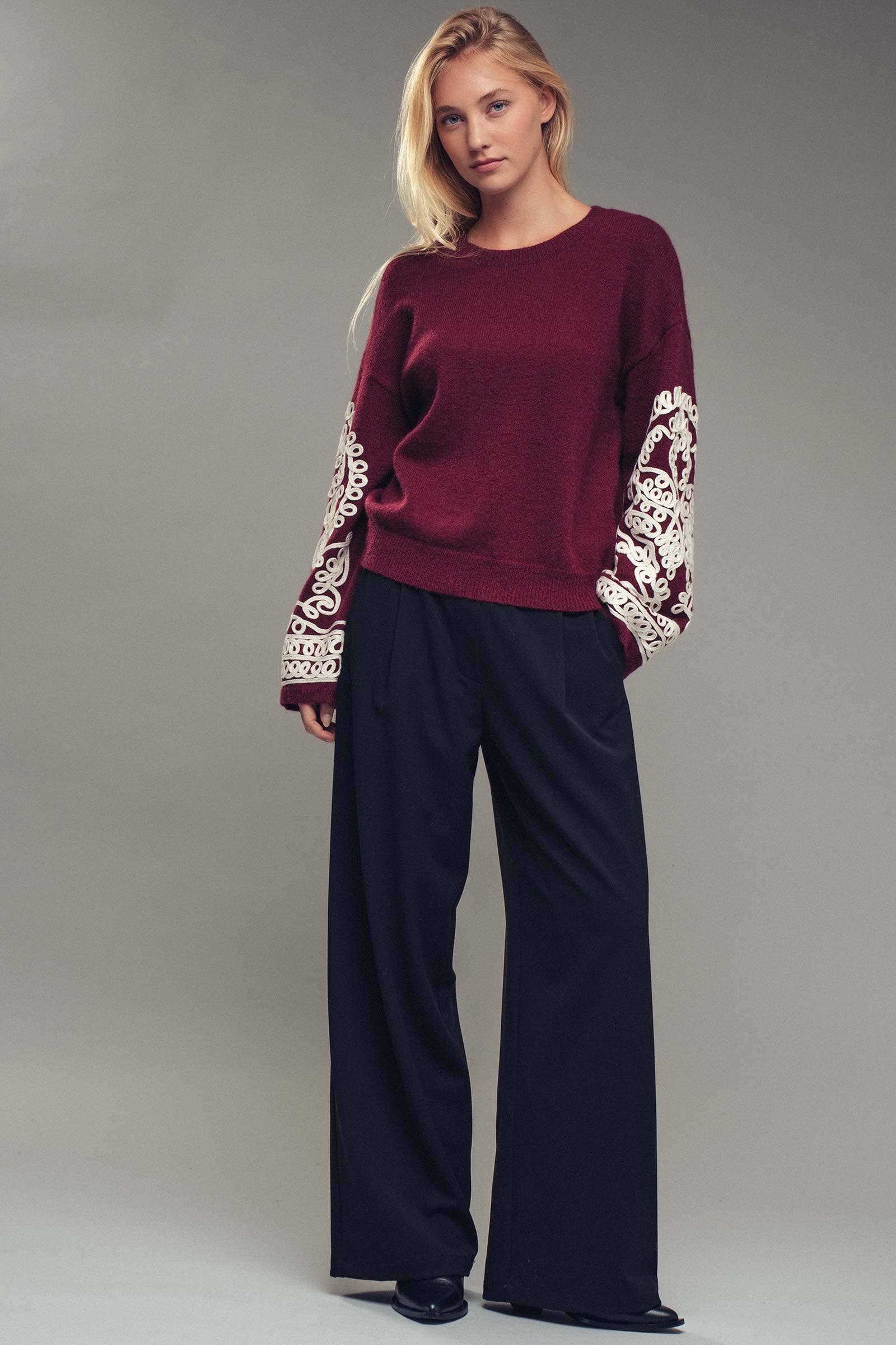 Urban Daizy Embroidered Sleeve Ivory Knit Sweater Ivory-Black Knit Sweater - Women's (UDZ-KN-00654) – alternate view 16