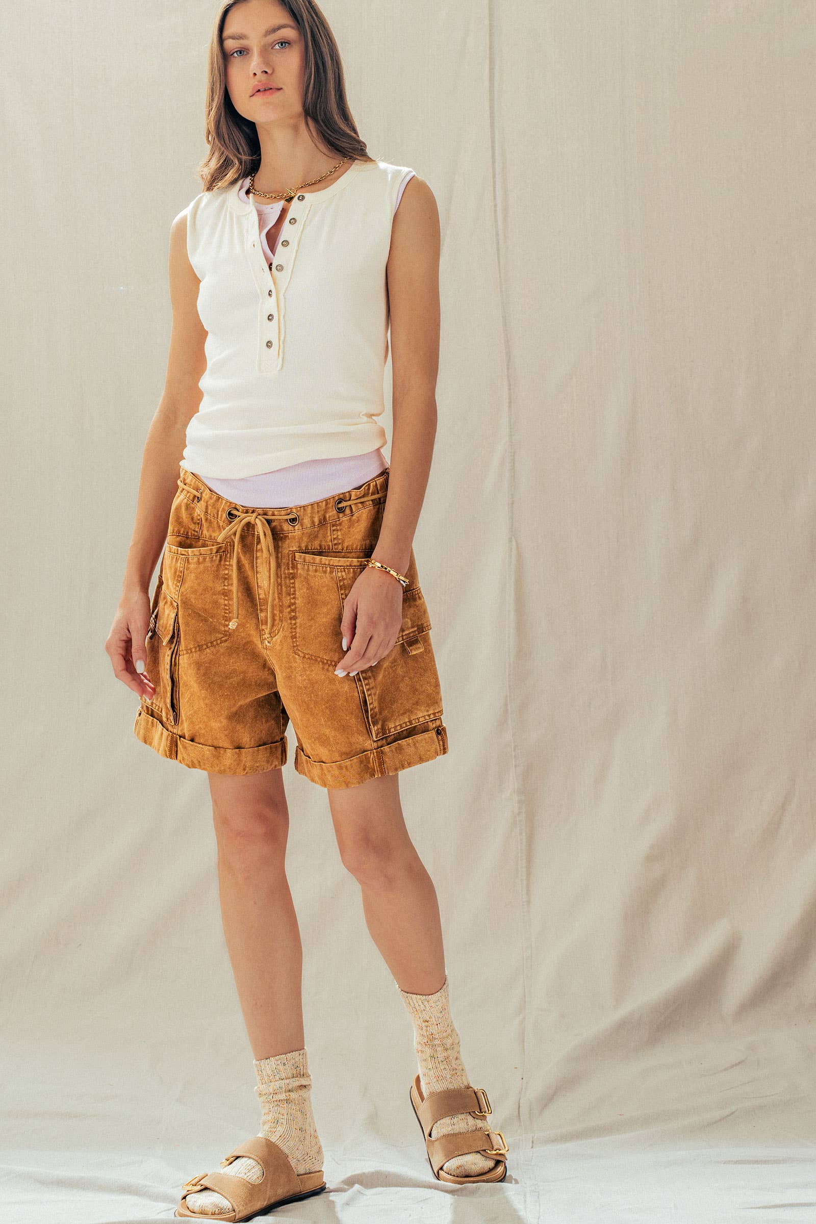 Urban Daizy Mineral Wash Cotton Utility Cargo Shorts Camel Shorts - Women's (UDZ-PT-00485) – alternate view 16