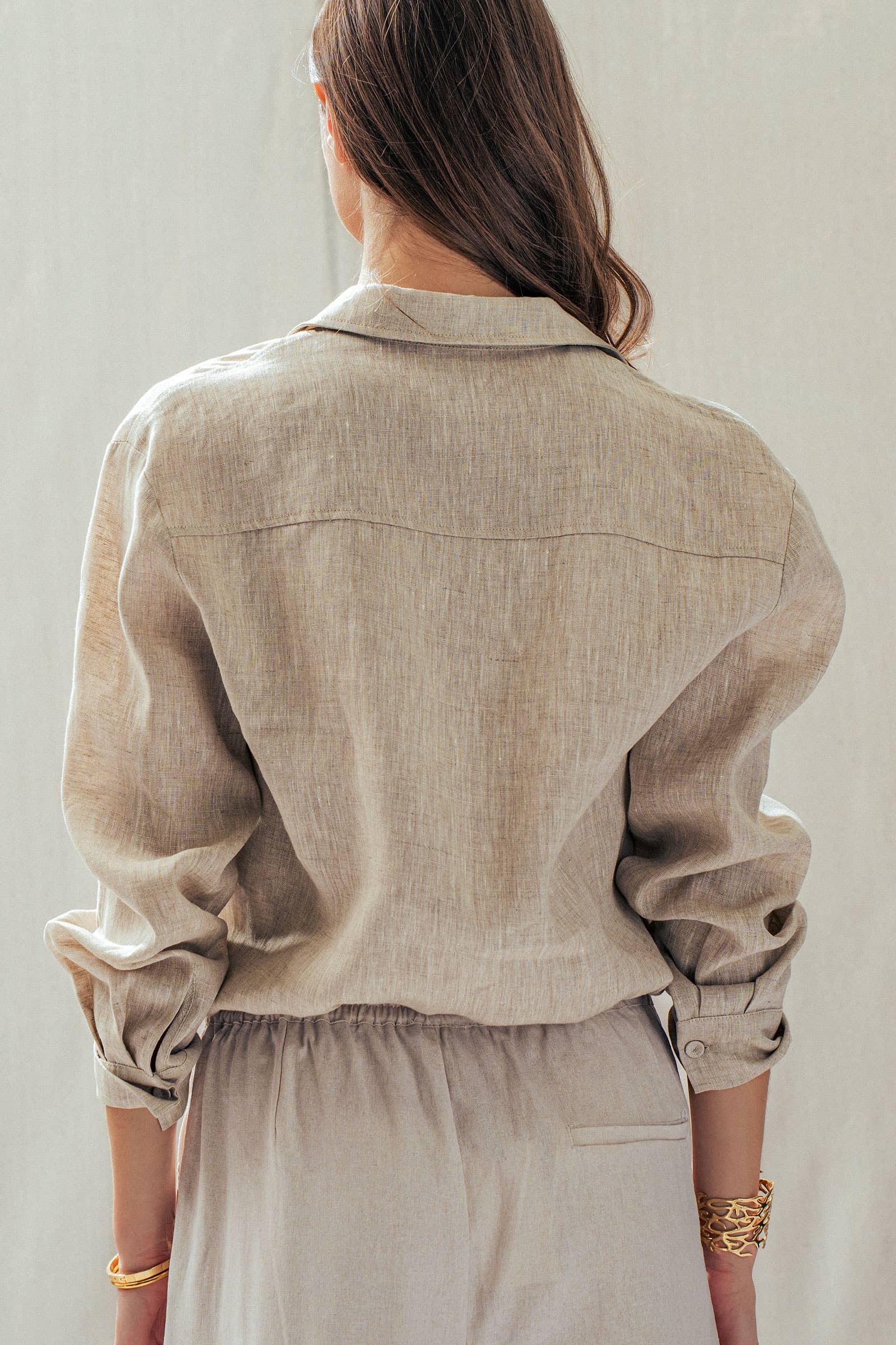 Collared Linen Wrap Crop Top with Built In Tank
