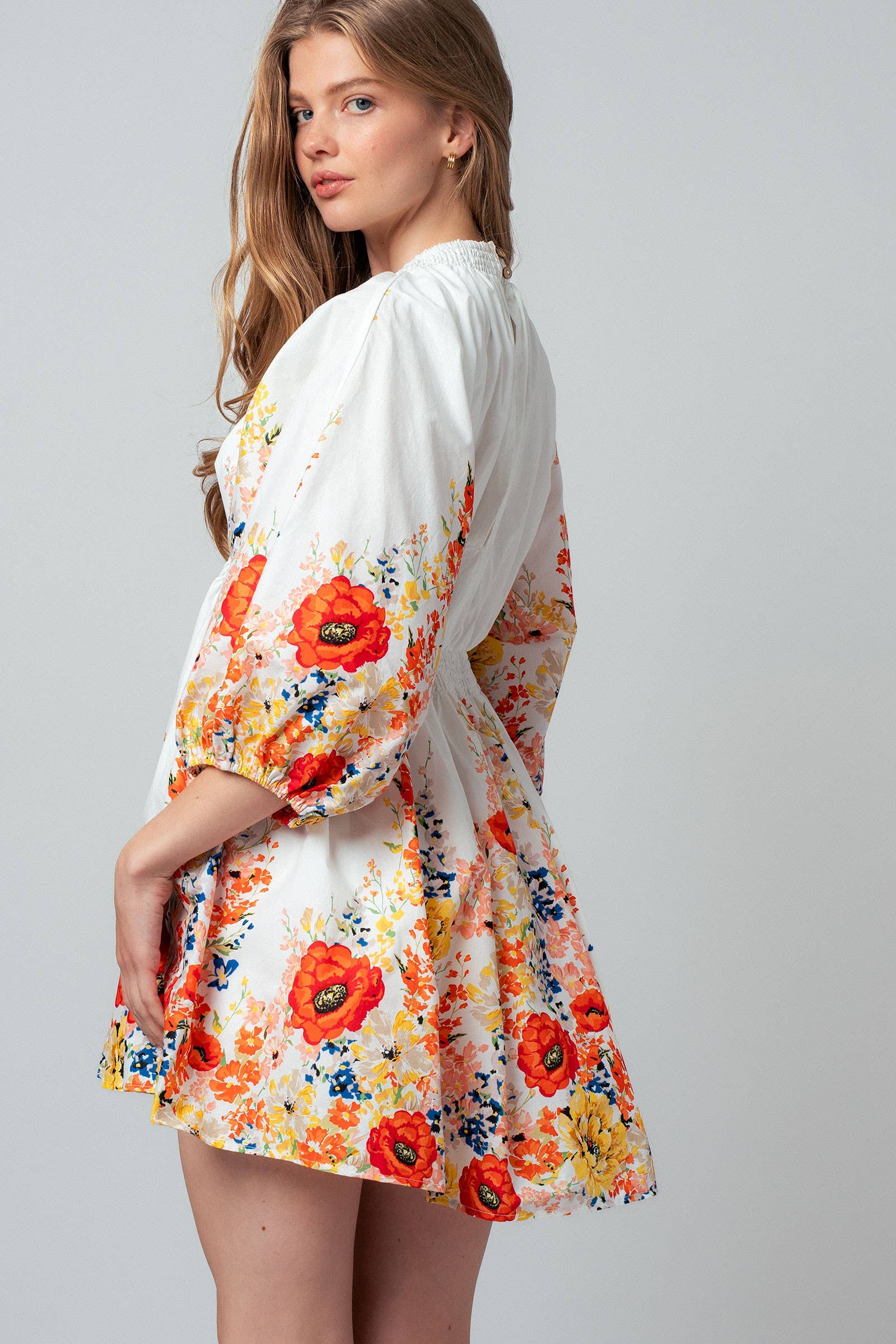 Urban Daizy Floral Print Smocked Cotton Mini Dress Ivory-Multi Dress - Women's (UDZ-DR-00481) – alternate view 8