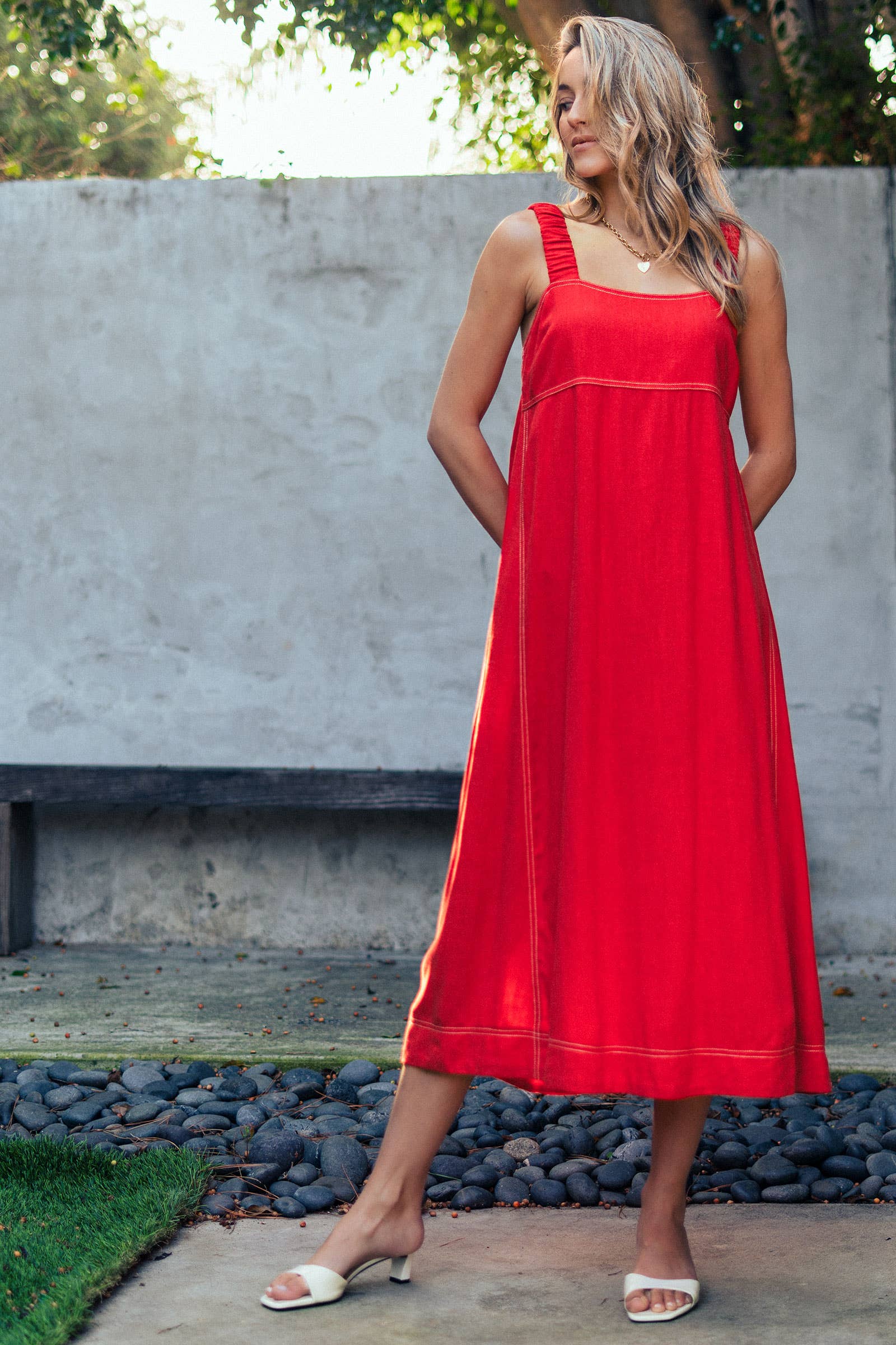 Contrast Stitch Square Neck Tencel Linen Midi Dress