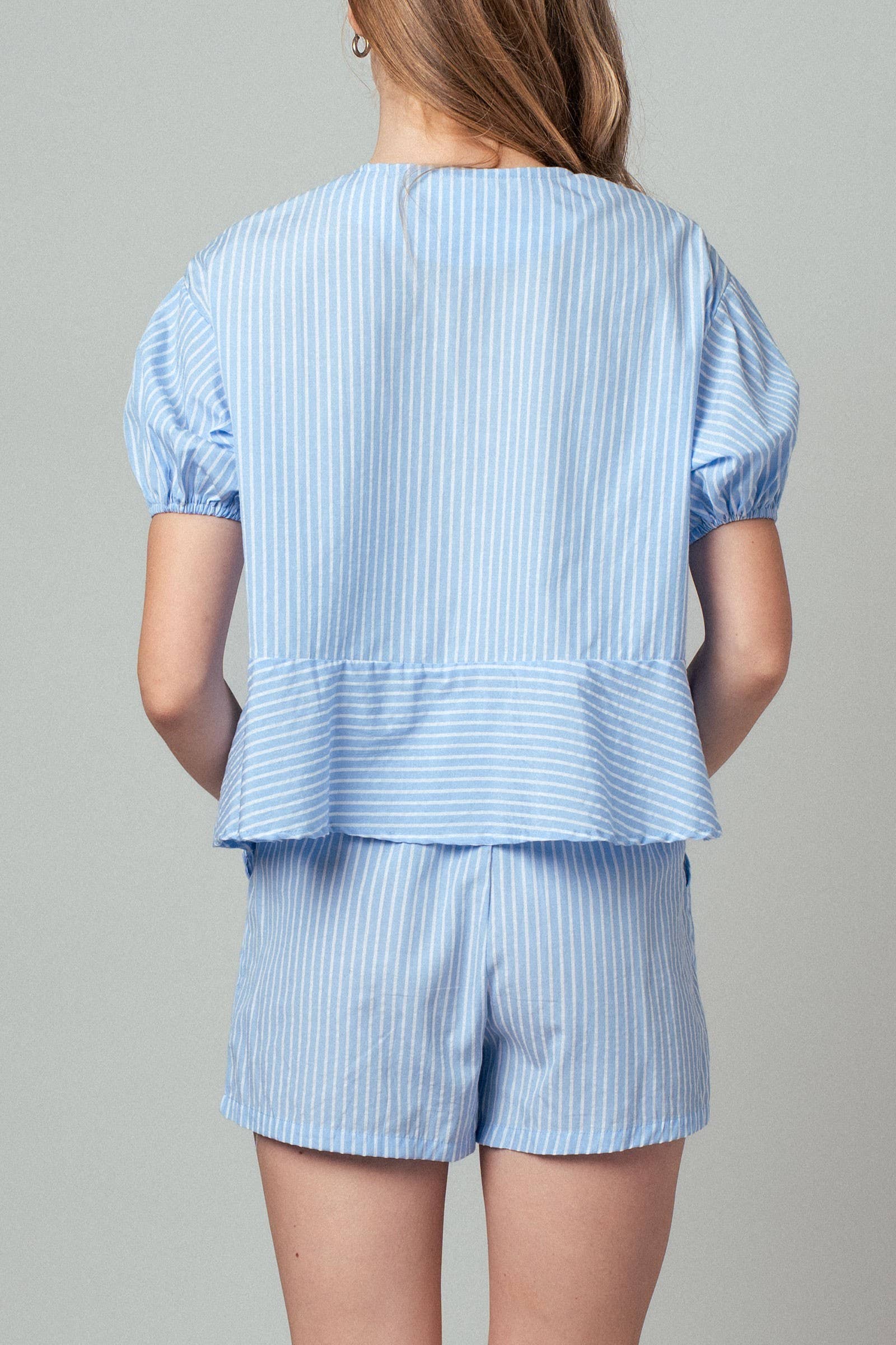 Urban Daizy Striped Tie-Front Puff Sleeve Two-Piece Set Sage-Stripe Top & Short Set (NOT Loungewear) - Women's (UDZ-AC-00224) – alternate view 5