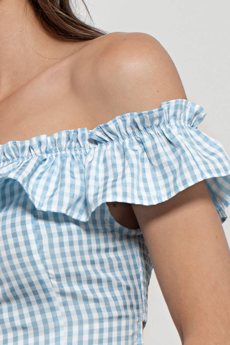 Urban Daizy Gingham Ruffle Off-Shoulder Crop Top Pink Blouse - Women's (UDZ-TP-01034) – alternate view 28