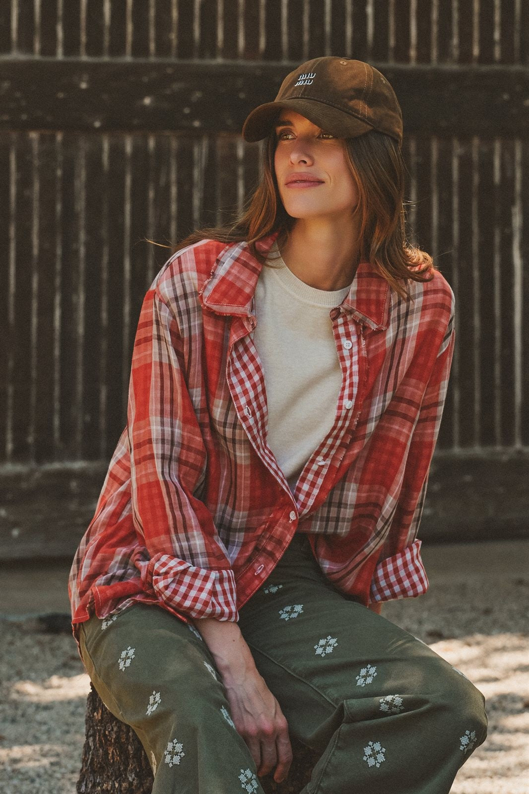 Oversized Plaid Cotton Button-Down Shirt in RUST - Women's Shirts & Blouses | Urban Daizy