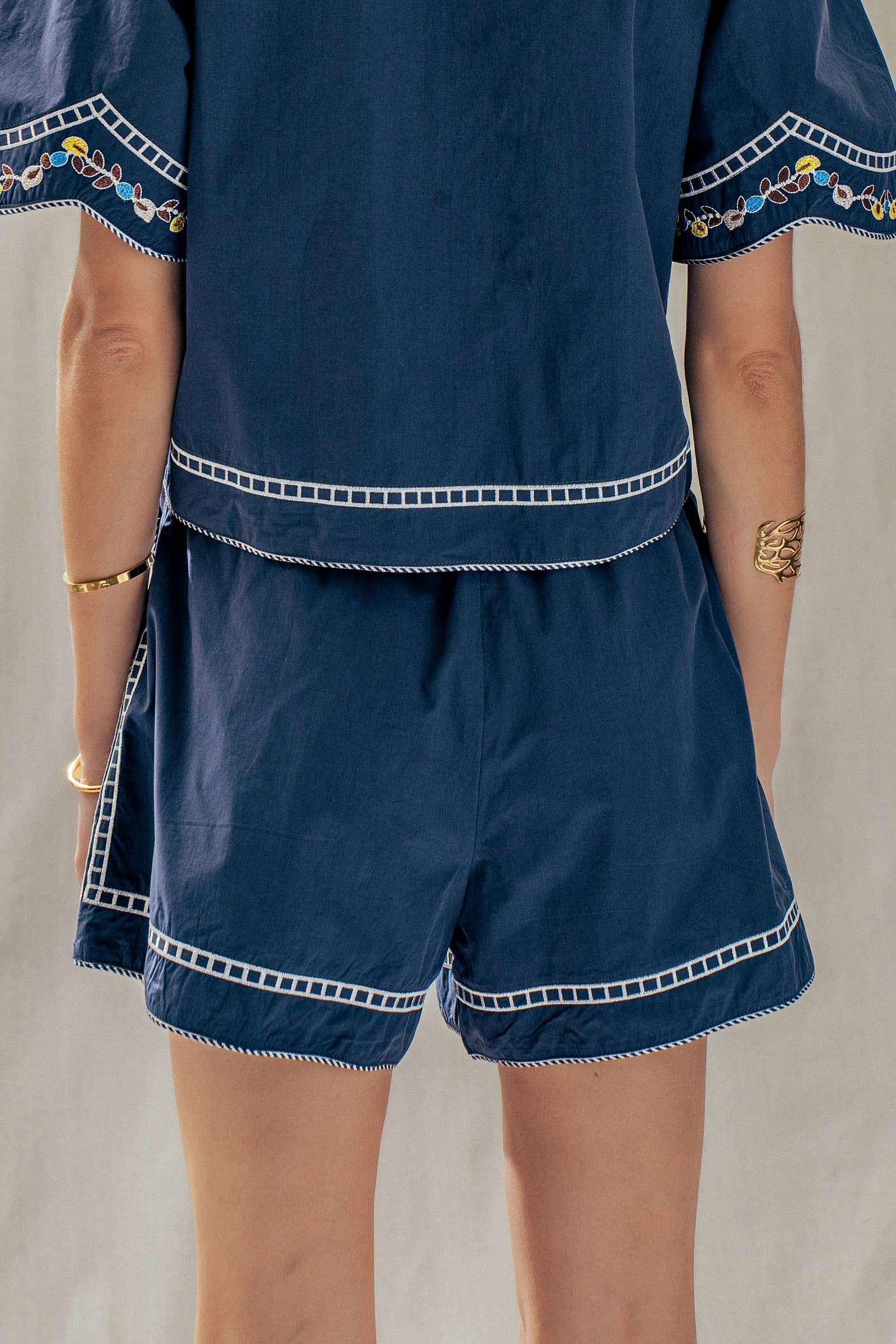 Floral Embroidered Drawstring Cotton Shorts