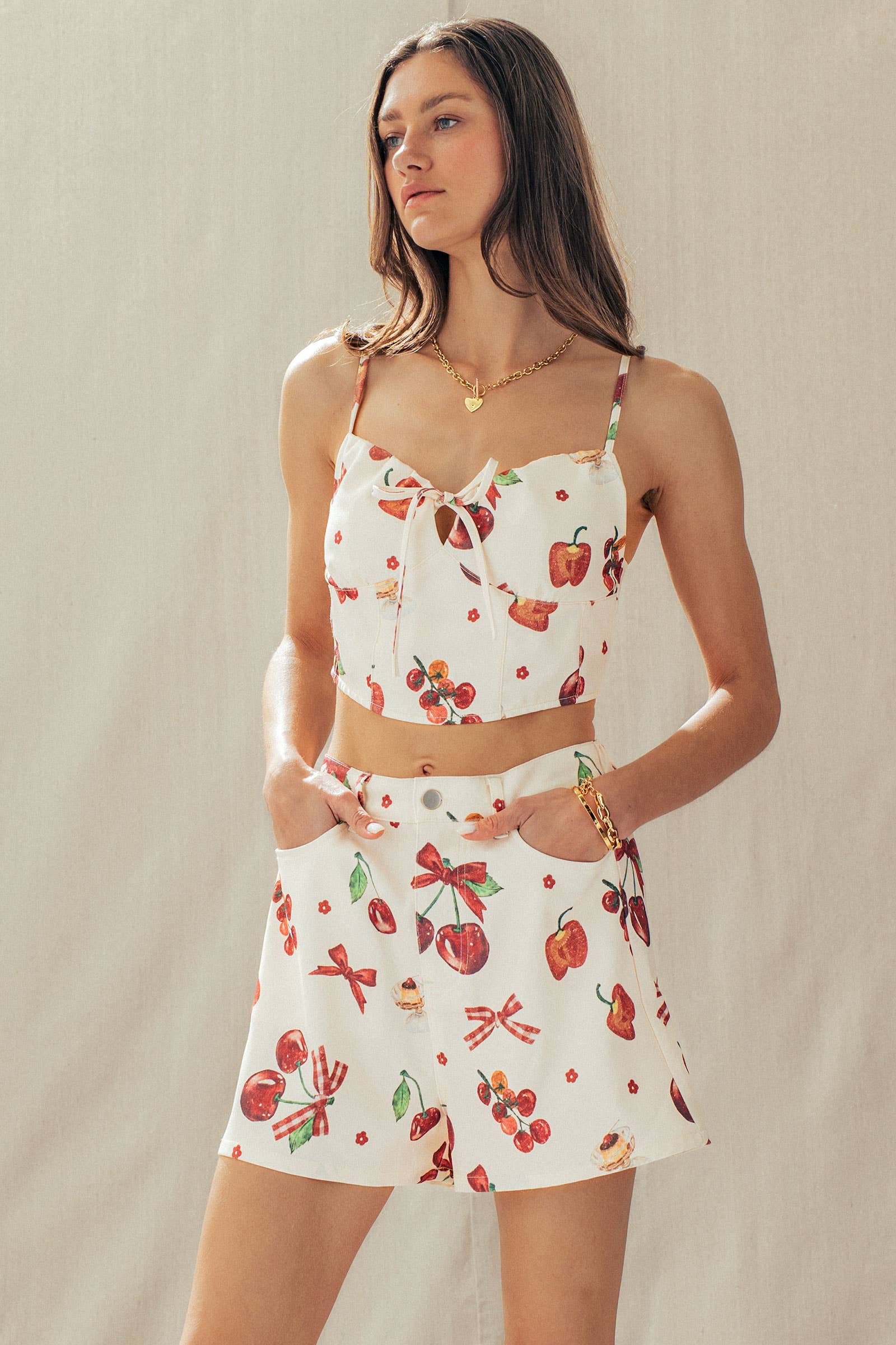 Urban Daizy Cherry & Bow Print Cotton Two-Piece Set Ivory-Multi Top & Short Set (NOT Loungewear) - Women's (UDZ-AC-00237)