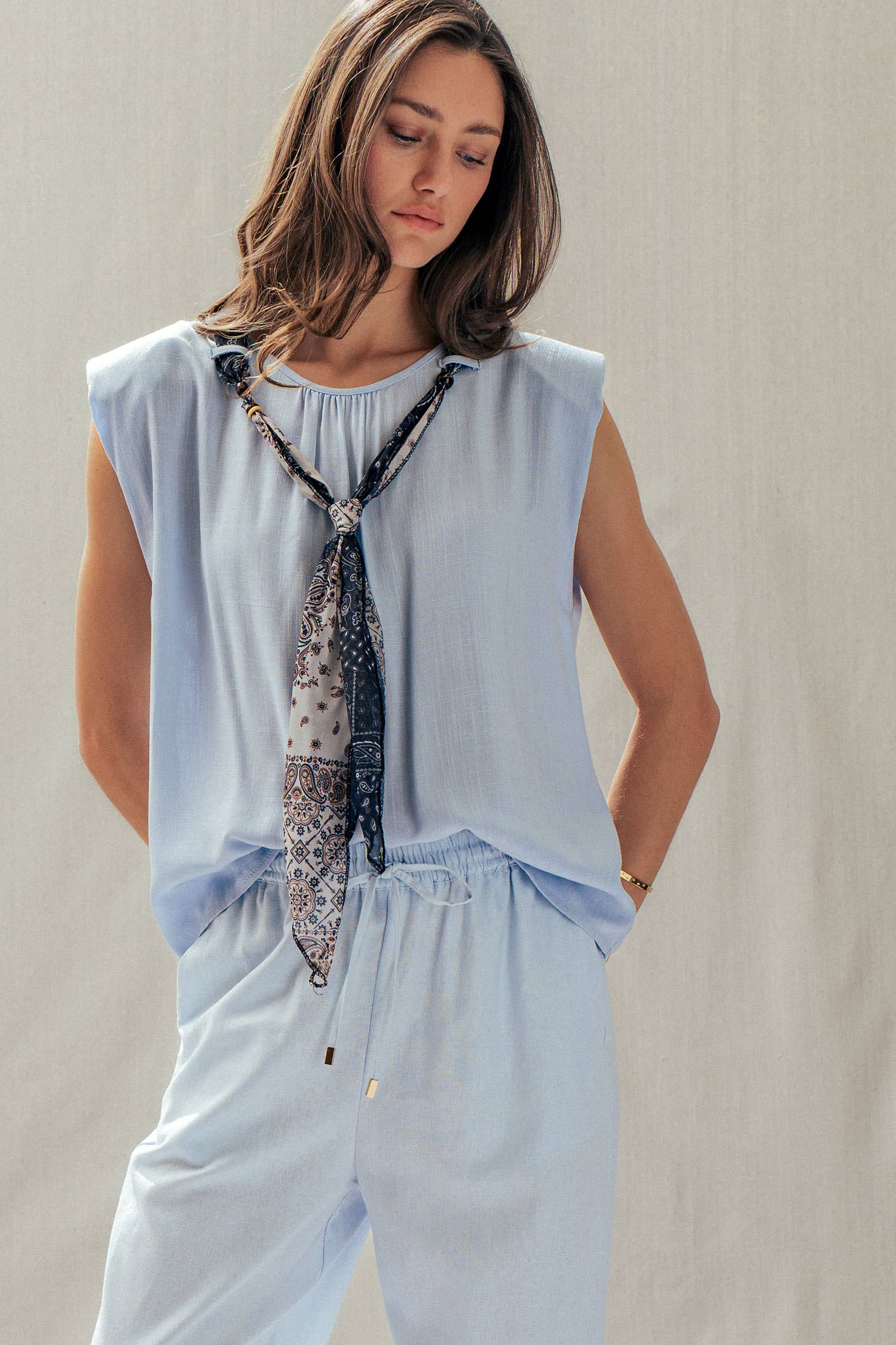 Paisley Scarf Tie Linen Blend Muscle Top
