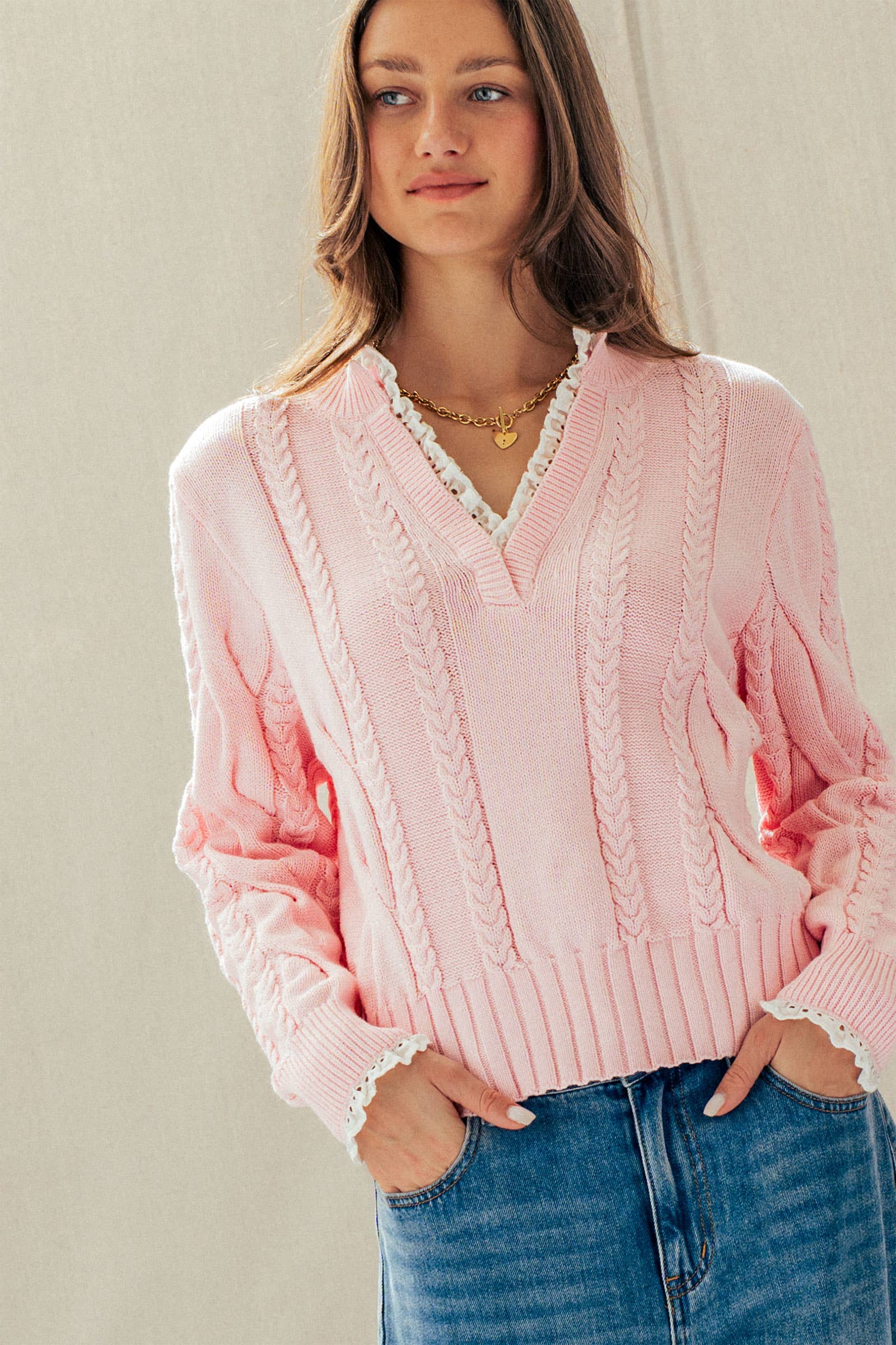 Lace Trim Cable Knit Pullover Sweater