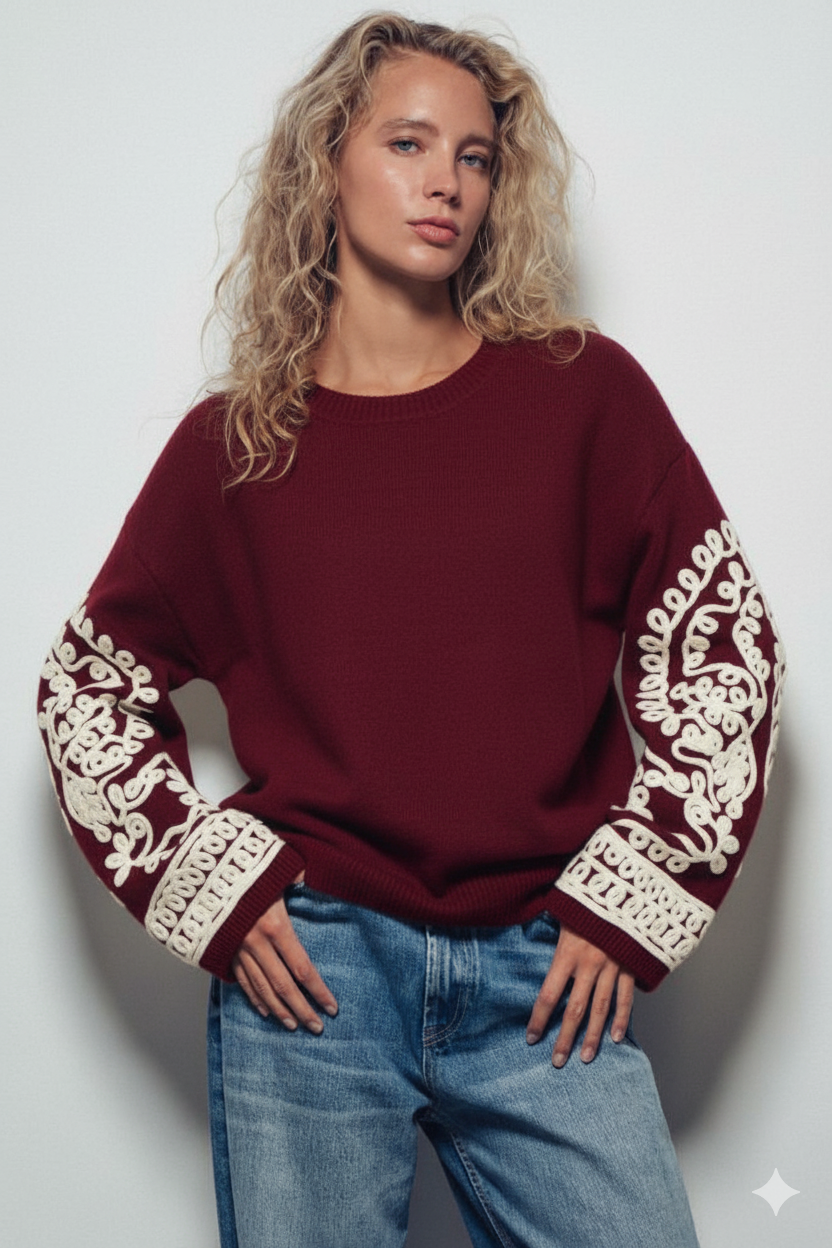 Urban Daizy Embroidered Sleeve Ivory Knit Sweater Ivory-Black Knit Sweater - Women's (UDZ-KN-00654) – alternate view 13