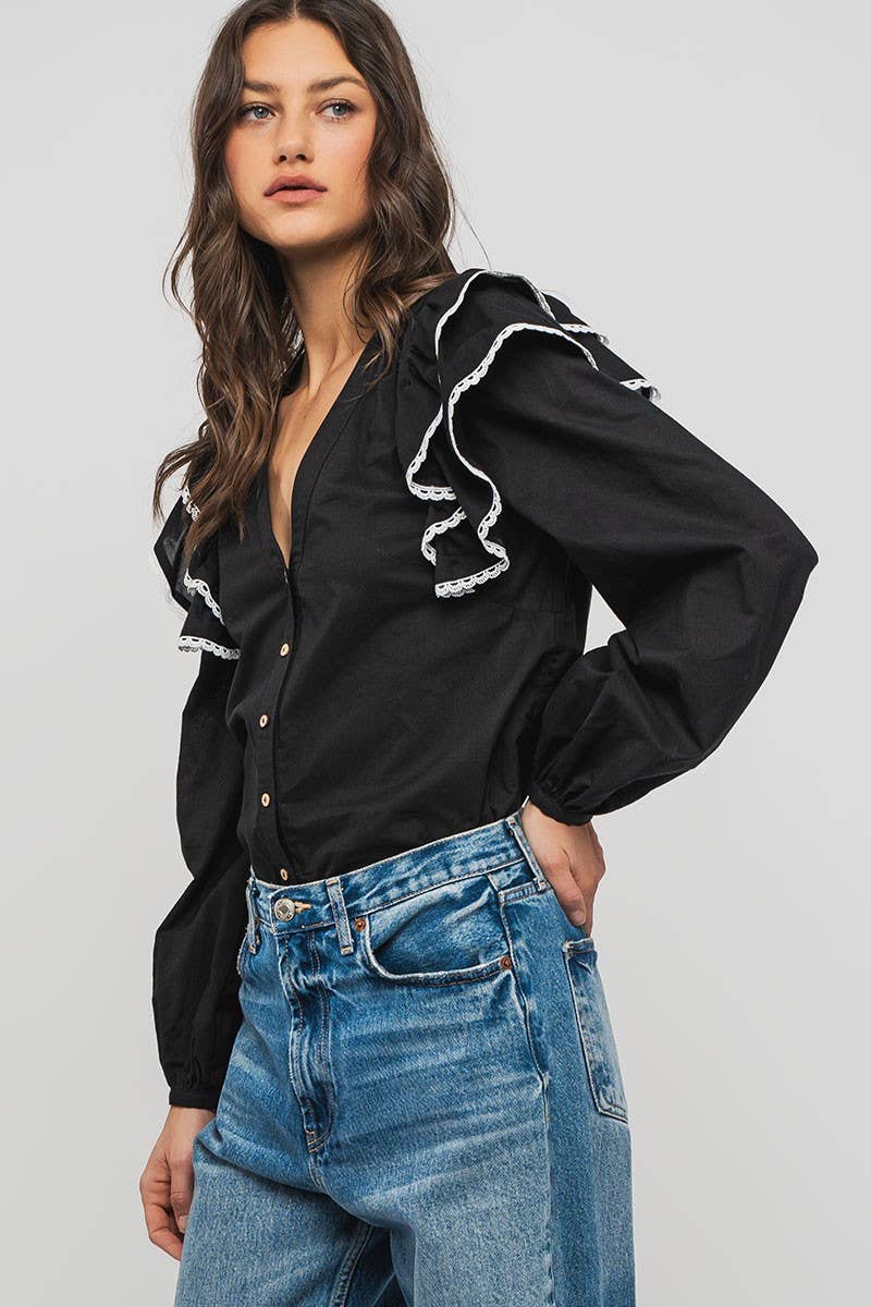 Urban Daizy Ruffled Shoulder V Neck Button Down Blouse White Black Blouse - Women's (UDZ-TP-00746) – alternate view 15