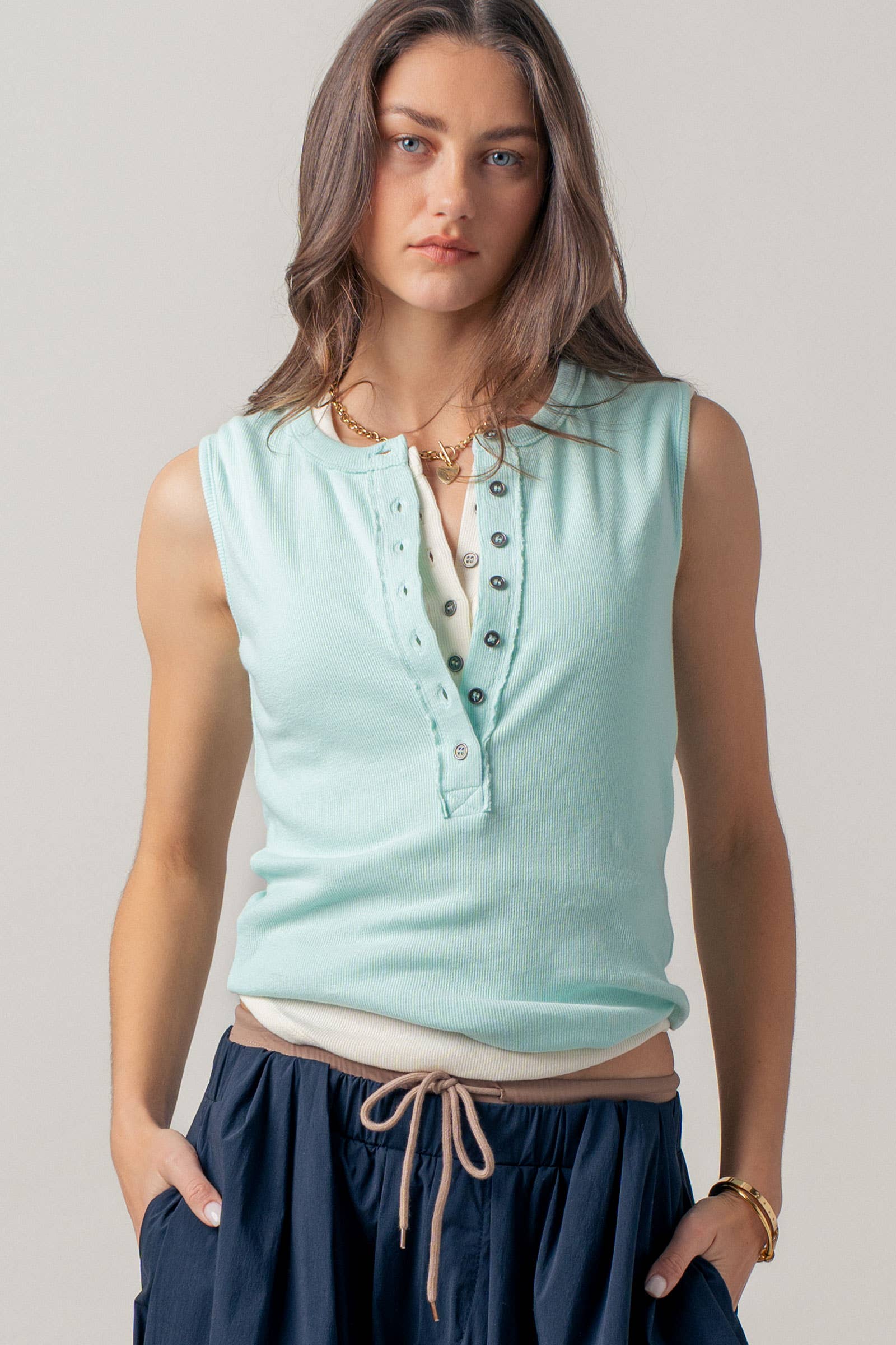 Raw Edge Ribbed Henley Tank