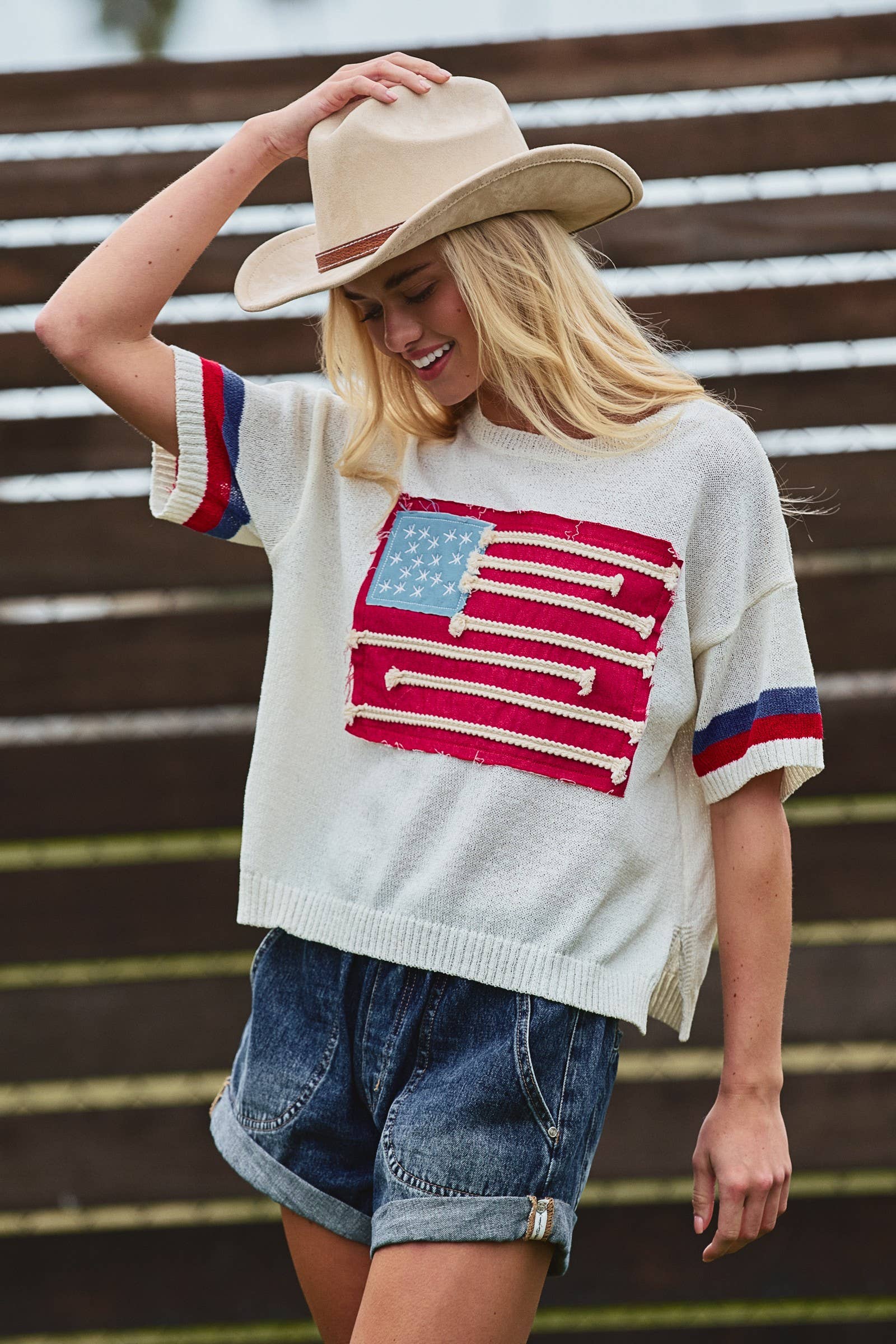Flag Applique Knit Sweater with Stripe Cuffs