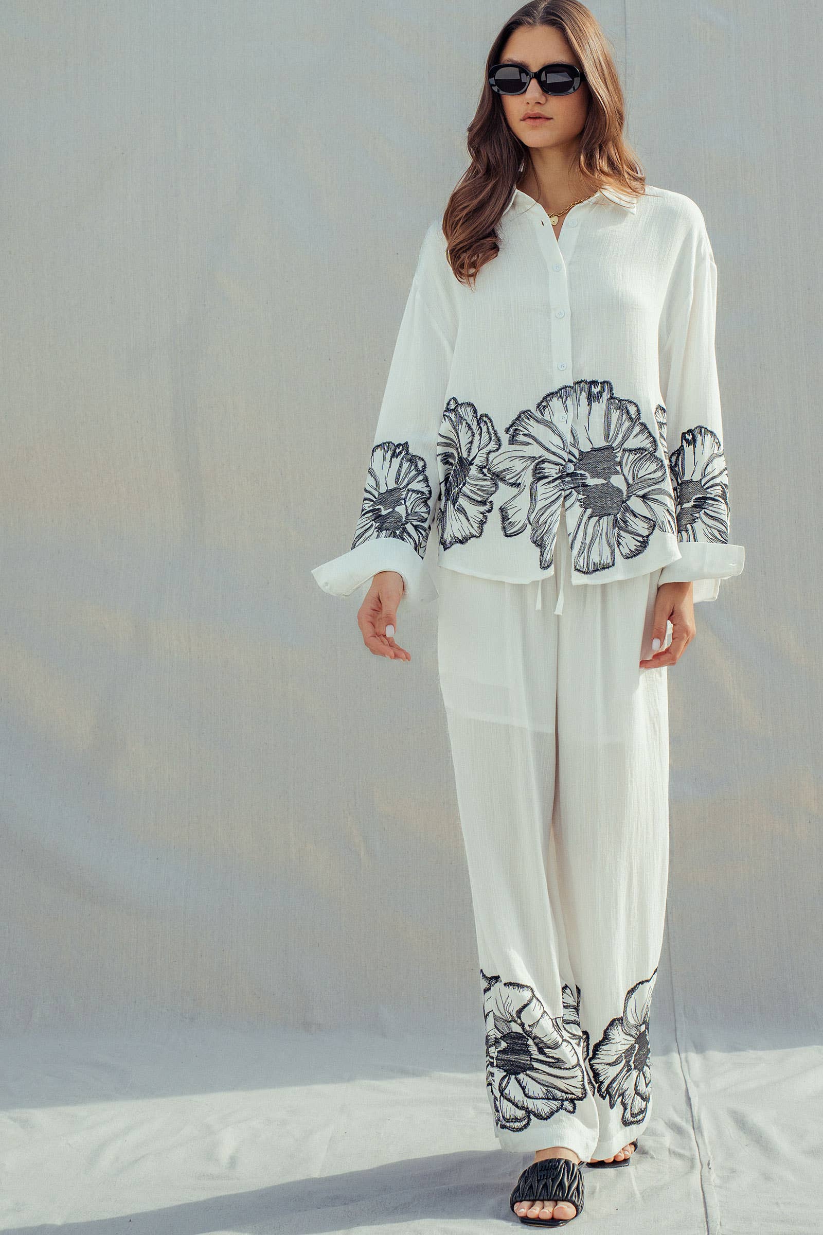 Floral Embroidered Wide Leg Drawstring Pants