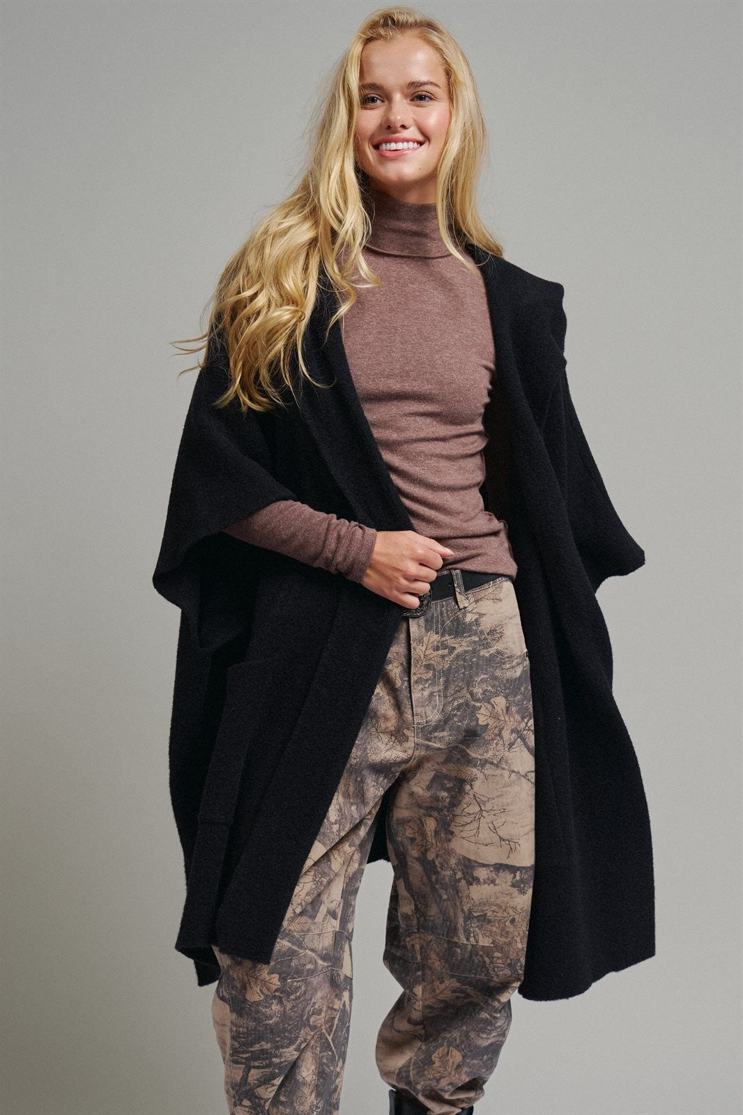 Oversized Wide Collar Open Front Poncho Cardigan in BLACK - Women's Cardigans & Shrugs | Urban Daizy