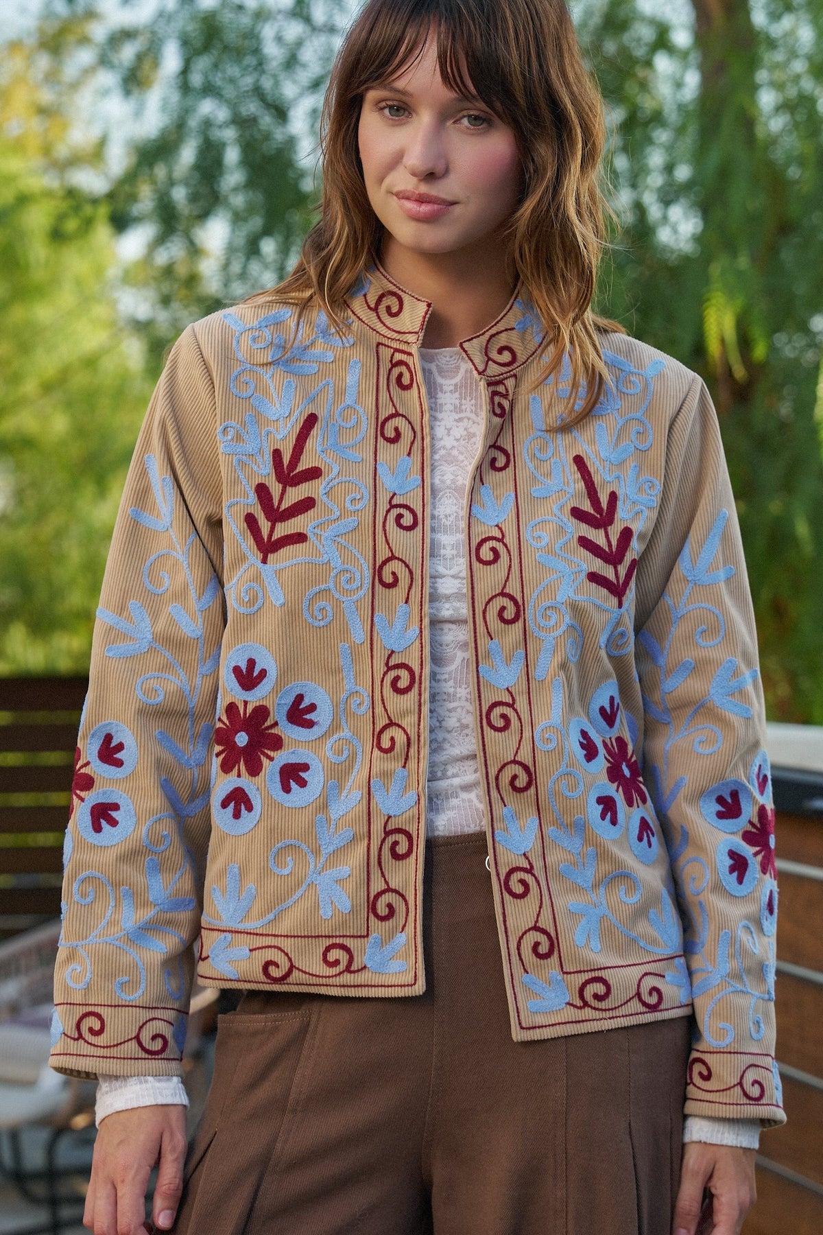 Embroidered Corduroy Jacket with Folk Floral Scroll in KHAKI - Women's Jackets & Blazers | Urban Daizy