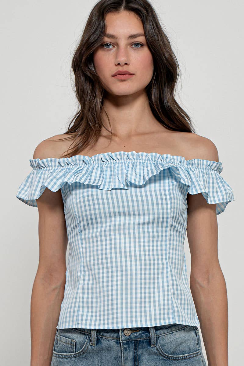 Urban Daizy Gingham Ruffle Off-Shoulder Crop Top Pink Blouse - Women's (UDZ-TP-01034) – alternate view 5