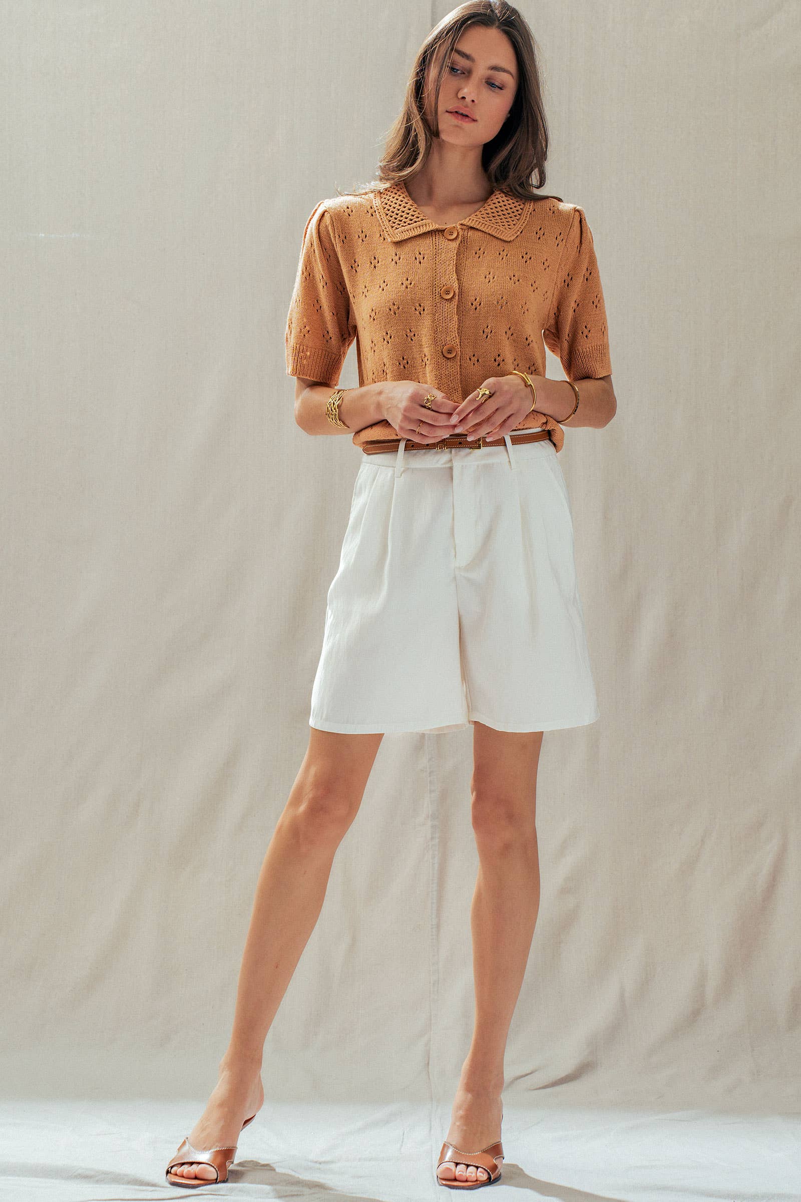 Urban Daizy Pointelle Knit Puff Sleeve Collared Cardigan Warm-Camel Cardigan - Women's (UDSW0345-Warm-Camel) – alternate view 10