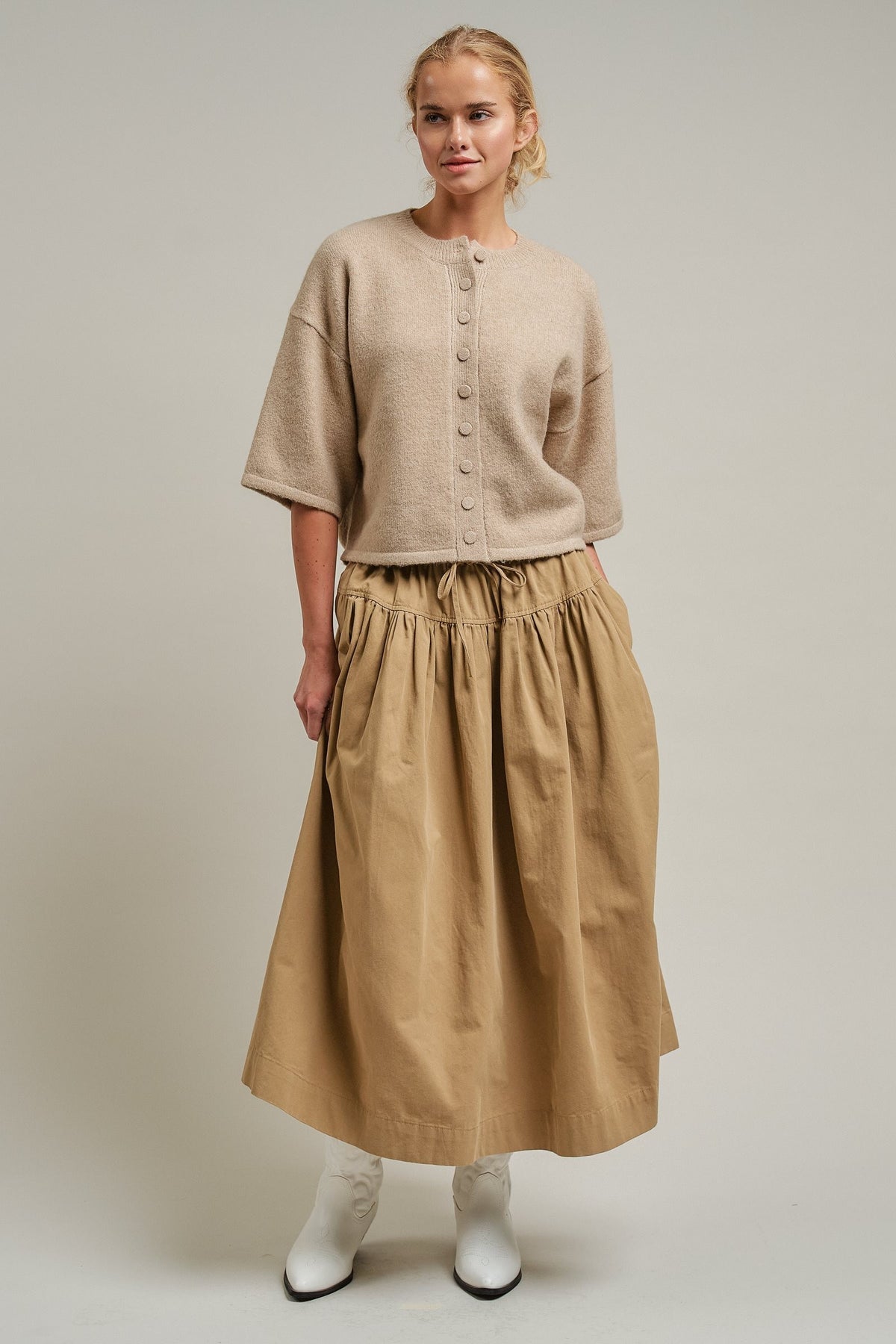 Soft Touch Elbow-Length Knit Cardigan in OATMEAL - Women's Cardigans & Shrugs | Urban Daizy