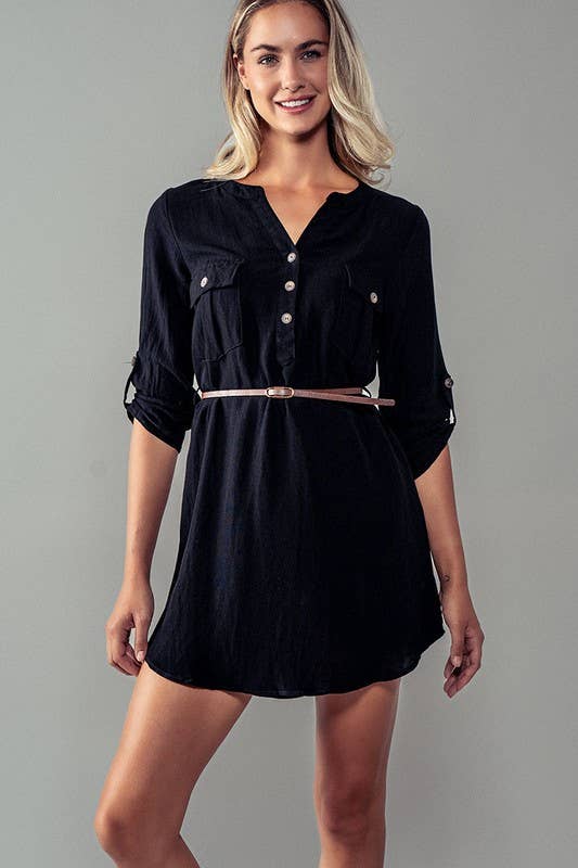 Utility Pocket Belted Henley Mini Dress