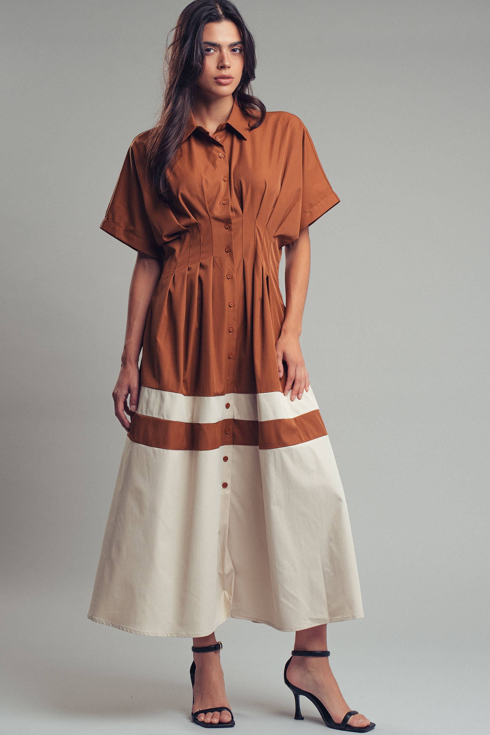 Colorblock Button-Up Cotton Midi Dress