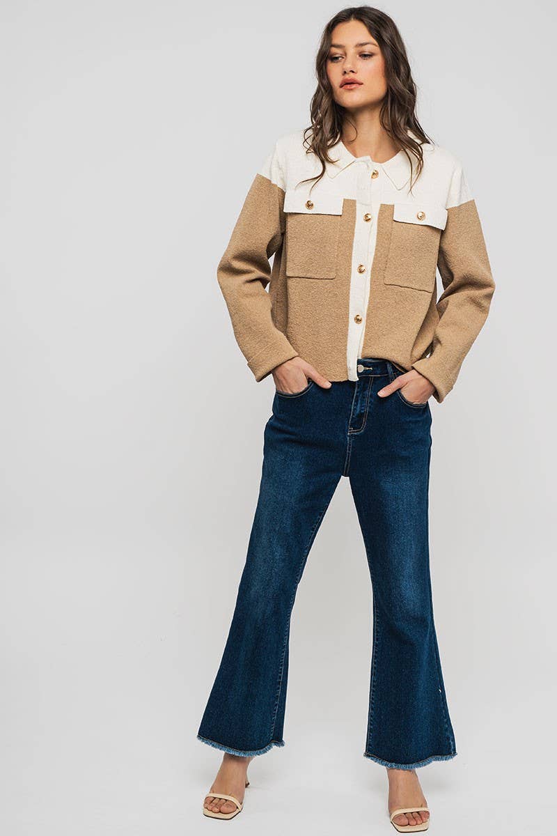 Urban Daizy Colorblock Button-Up Cropped Coat Cream-Black Coat - Women's (UDZ-OT-00349) – alternate view 7