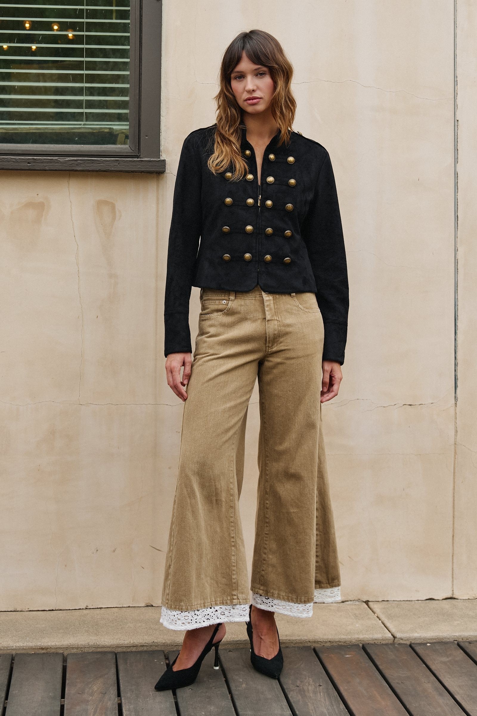 Military Band Suede Jacket with Brass Buttons in BLACK - Women's Jackets & Blazers | Urban Daizy